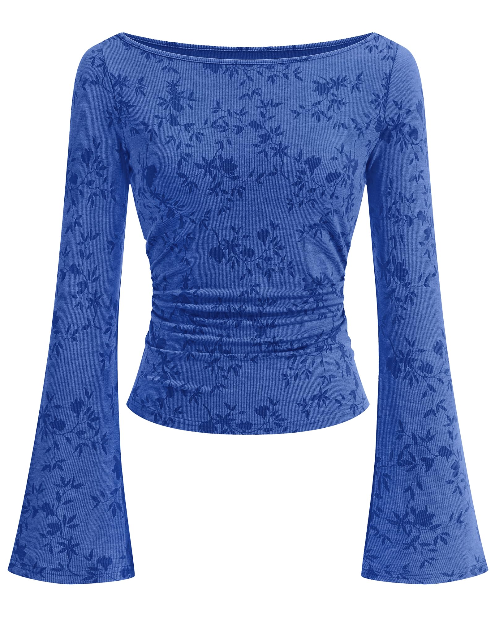 BTFBM Womens Bell Long Sleeve Boat Neck Floral Ribbed Knit Tops Stretchy Crop Tops for Women Trendy, Casual Y2K Going Out Top,Ruched Slim Fit Cute T Shirt,Fall Outfits,Fashion Clothing