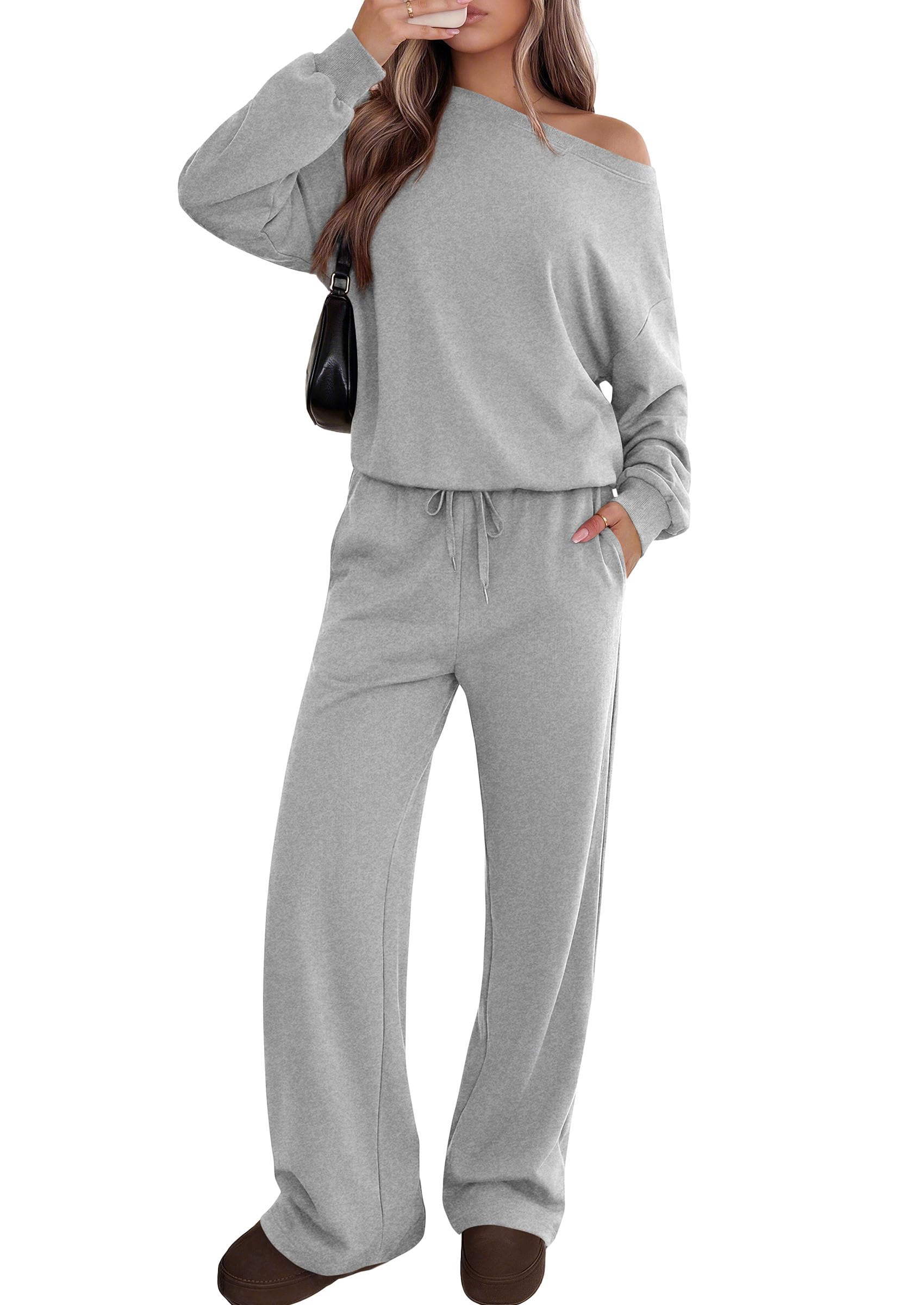 PRETTYGARDEN Womens 2 Piece Casual Matching Lounge Sets Fashion Off the Shoulder Sweatshirt, Wide Leg Pants with Pockets, Comfy Airport Travel Outfit,Trendy Fall Set