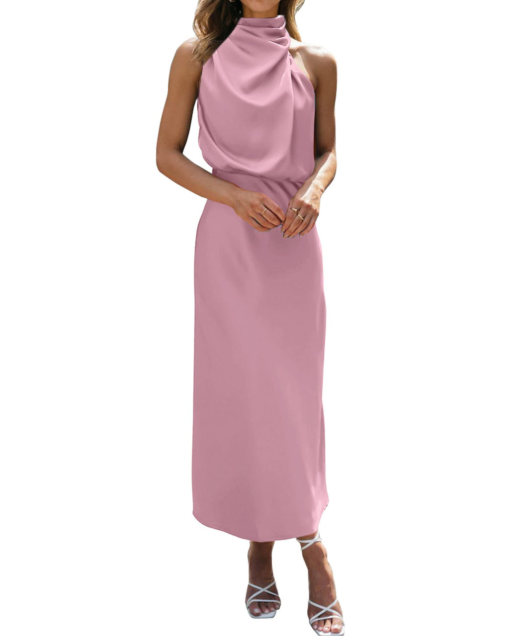 BTFBM Cocktail Dresses for Women Summer Satin Silk Sleeveless Mock Neck Maxi Wedding Guest Dress Spring Outfits