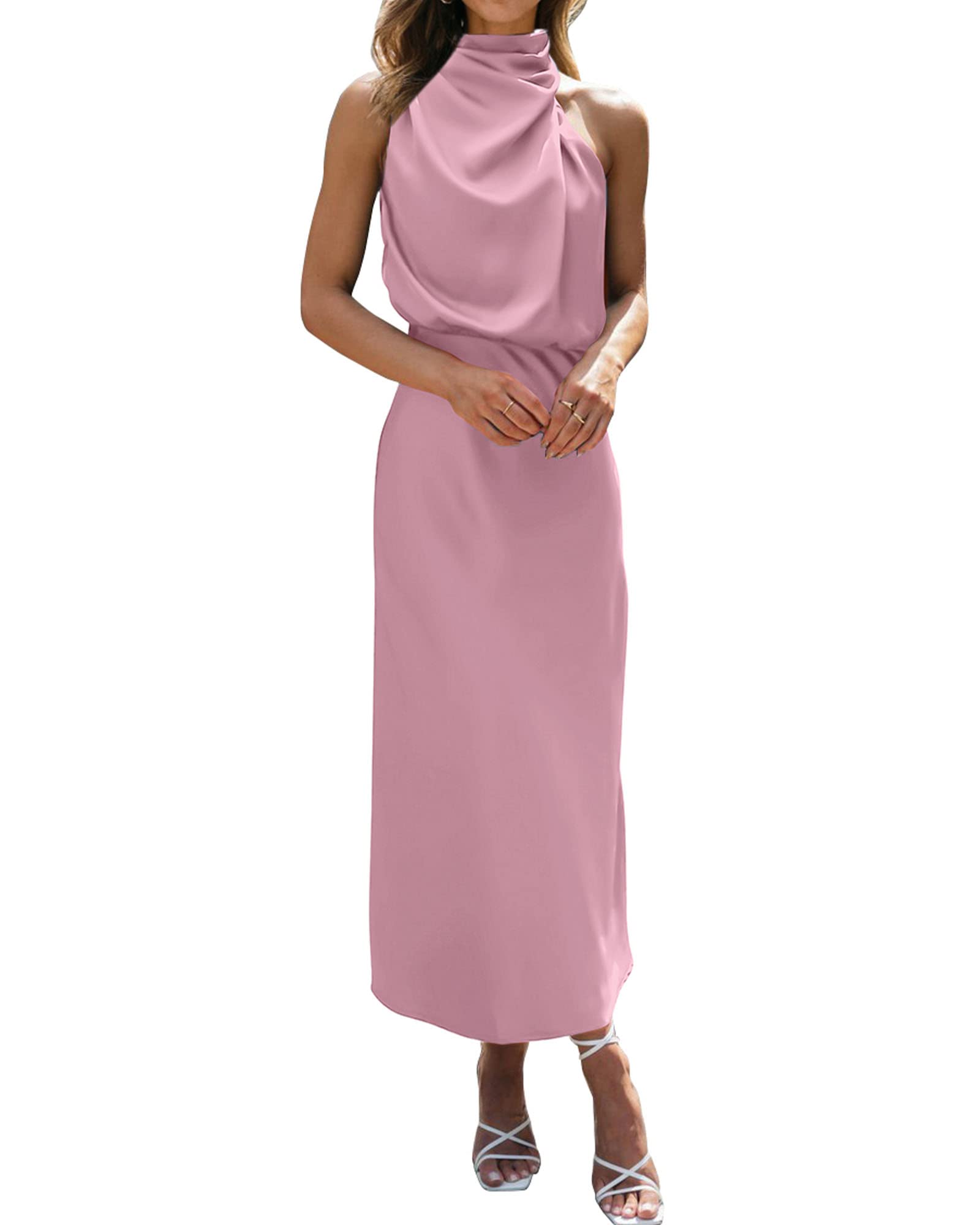 BTFBM Cocktail Dresses for Women Summer Satin Silk Sleeveless Mock Neck Maxi Wedding Guest Dress Spring Outfits