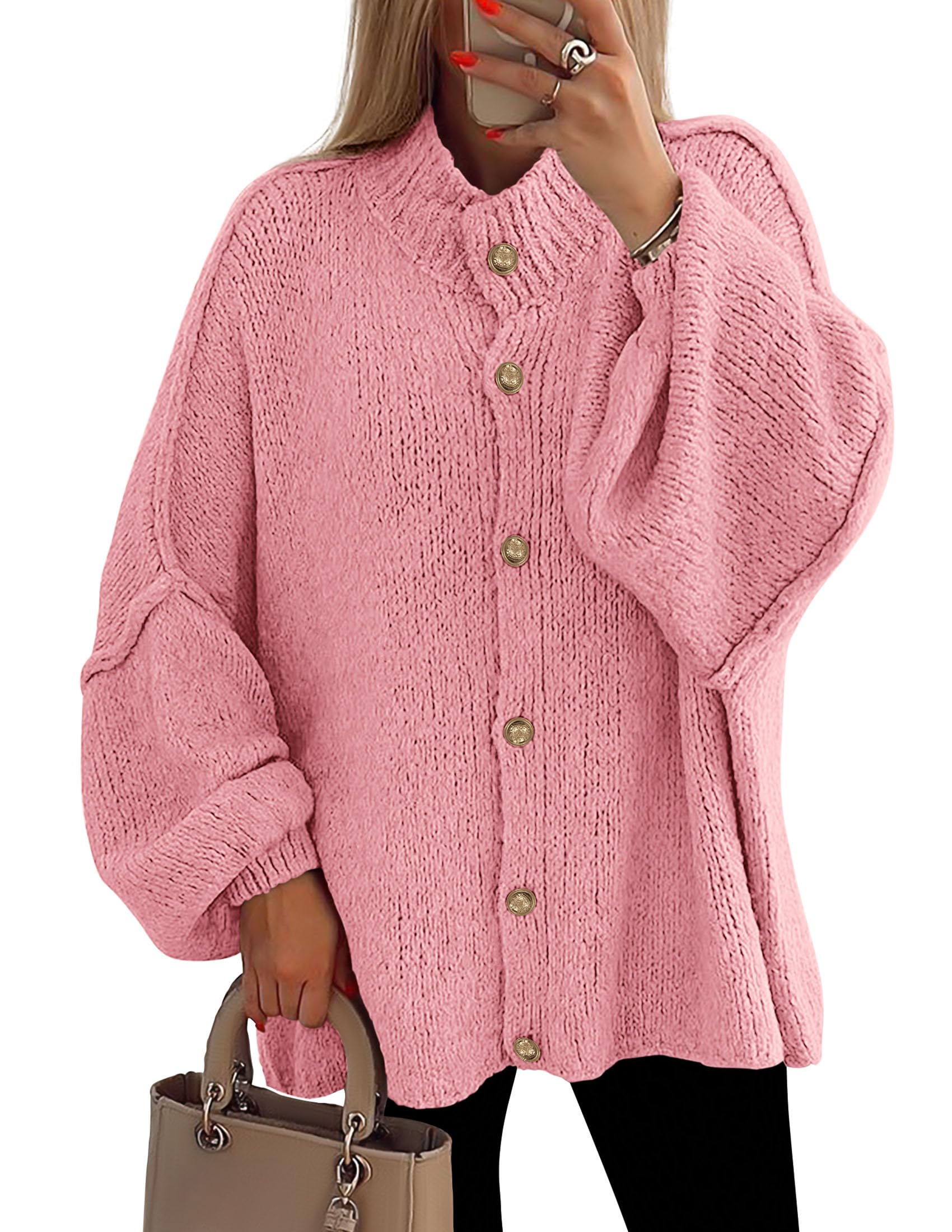 PRETTYGARDEN Women's Winter Button Down Cardigan Sweaters Mock Neck Lantern Long Sleeve Chunky Knit Jacket Trendy Outerwear
