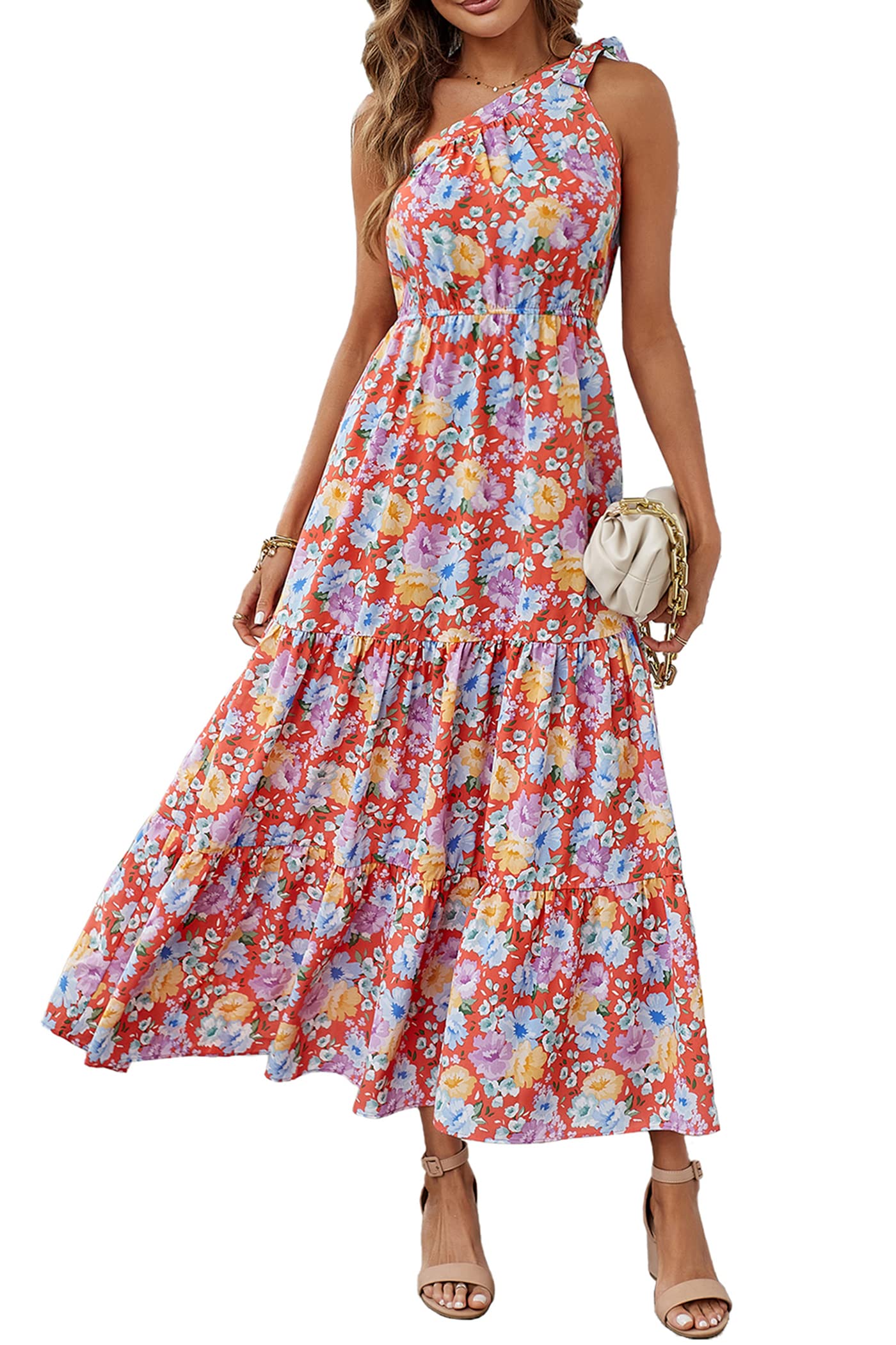 PRETTYGARDEN Women's Summer Floral One Shoulder Maxi Dress Knot Ruffle Boho Beach Vacation Wedding Guest Long Sun Dresses