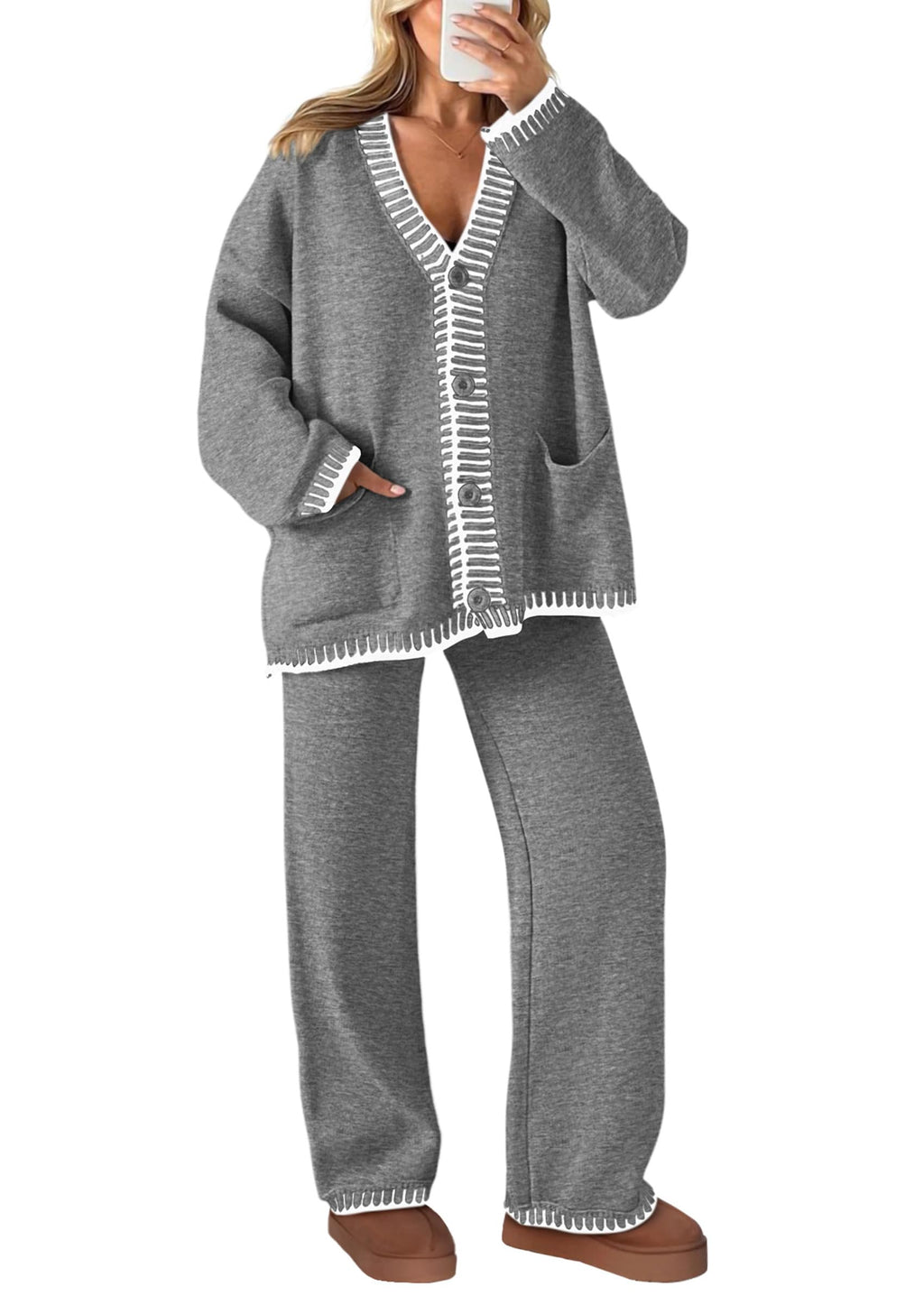 PRETTYGARDEN Lounge Sets for Women Fall Loungewear 2 Piece Outfits Cardigan Sweaters Track Suit Matching Winter Clothing