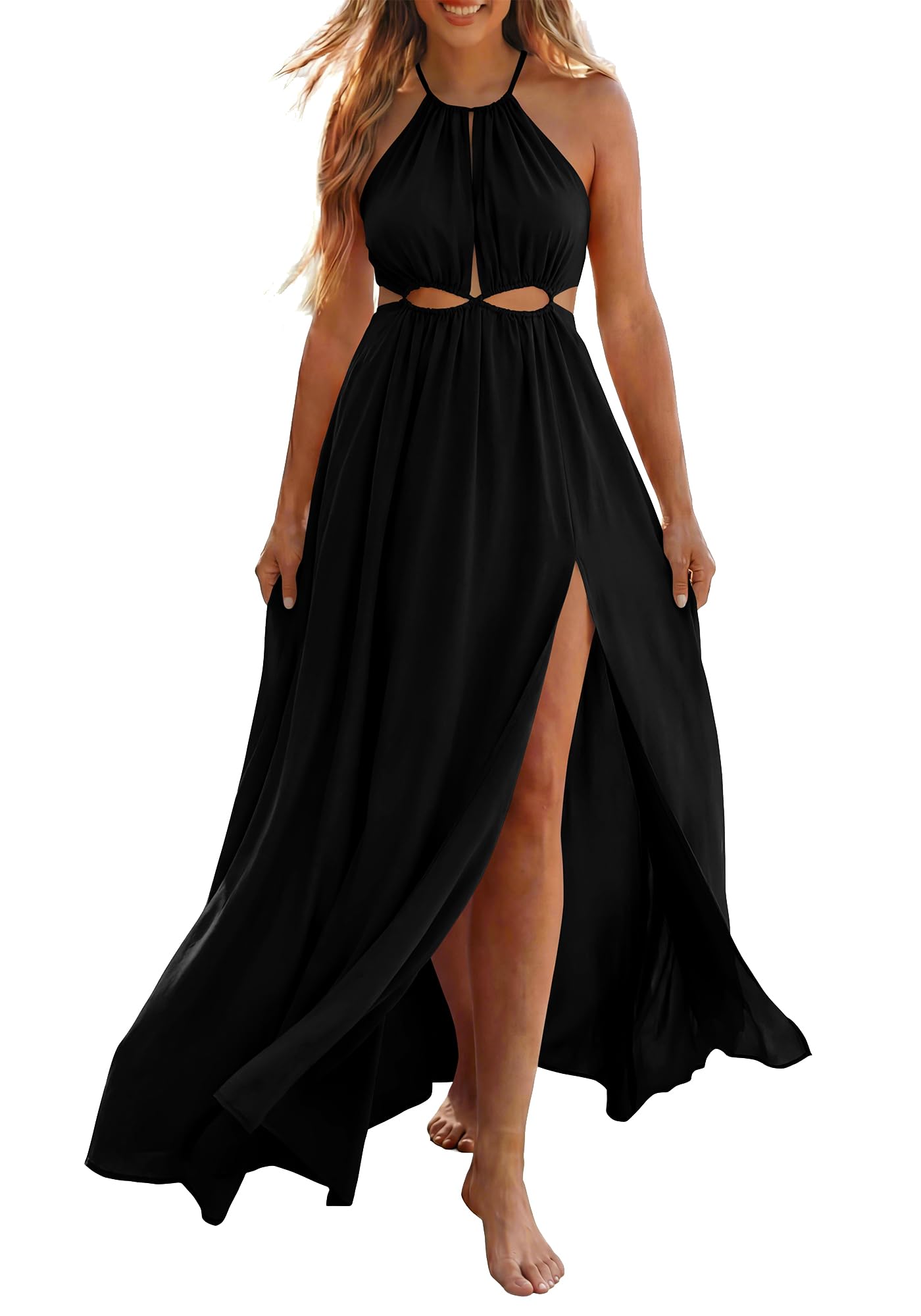 BTFBM Women Halter Summer Dresses Sleeveless Cutout Backless Sundress Slit Boho Maxi Beach Wedding Guest Dress