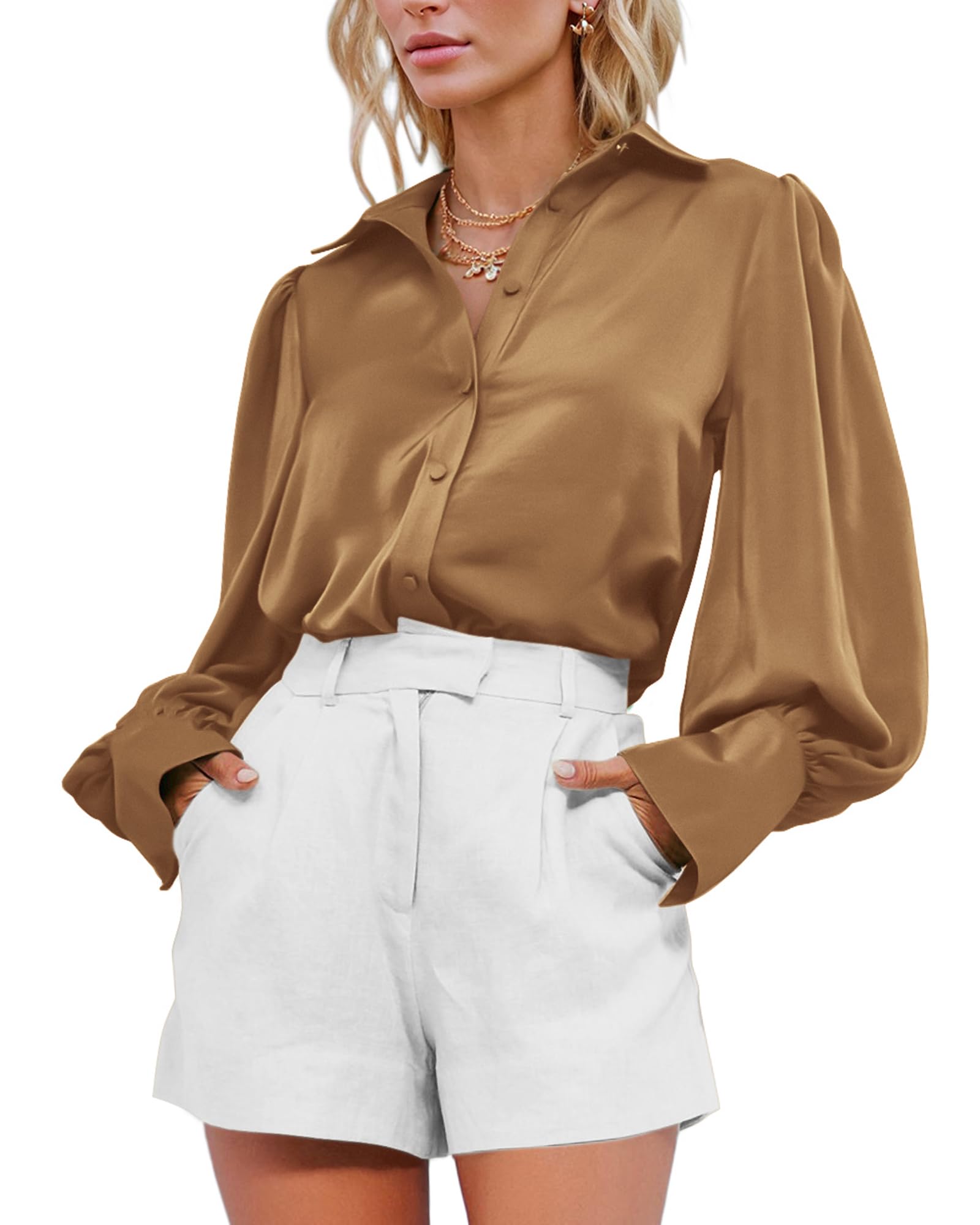 BTFBM Women Satin Blouses Summer Fall Clothes Button Down Lantern Long Sleeve Shirts Work Business Casual Dressy Tops