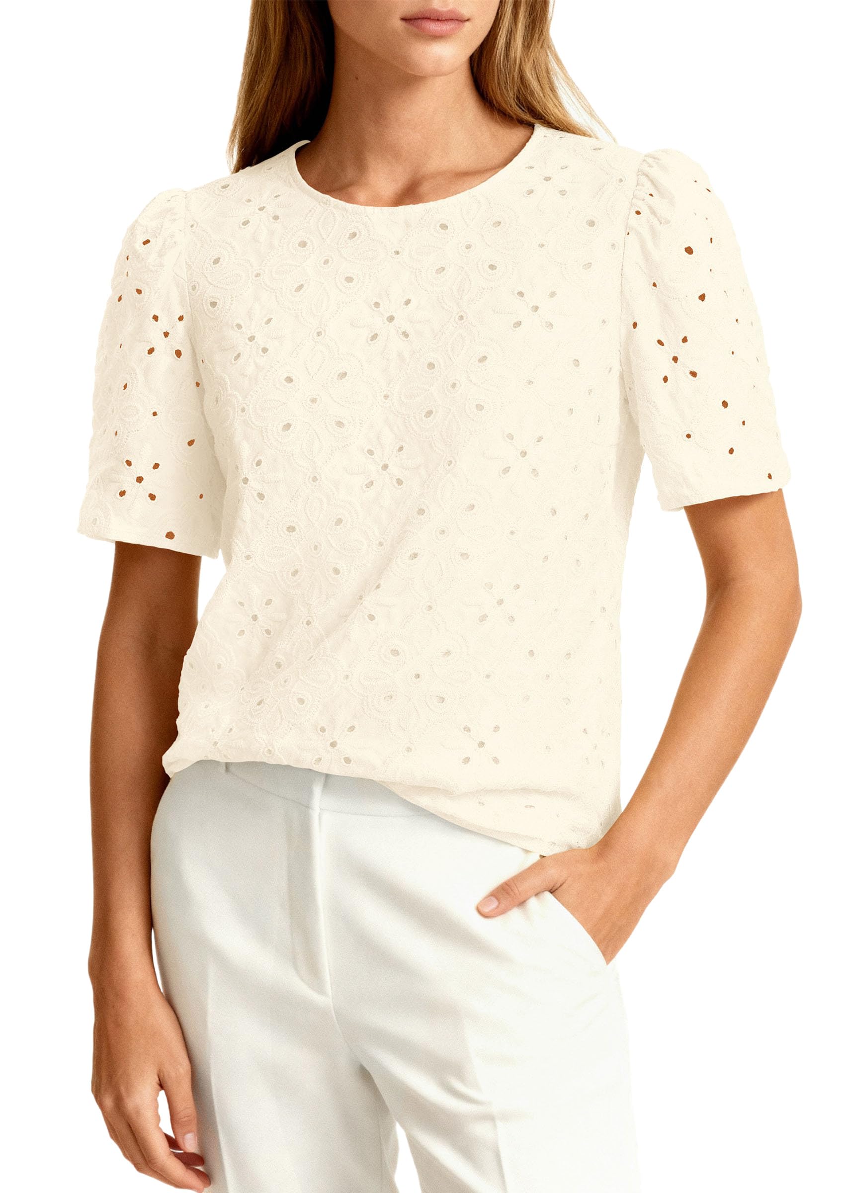 PRETTYGARDEN Women's Puff Short Sleeve Eyelet Shirts Summer Lace Blouses Dressy Casual Work Tops Spring Teacher Clothes