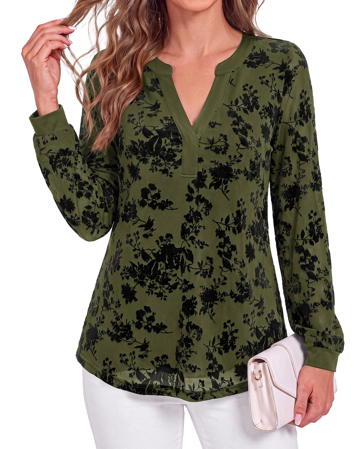 BTFBM Womens Tops Floral Sheer Mesh Long Sleeve Blouses Dressy Casual V Neck Flocked Mesh Shirts,Velvet-Like Flowers,Double Layered,Loose Fit Tunics,Business Casual Top,Fall Fashion Clothing