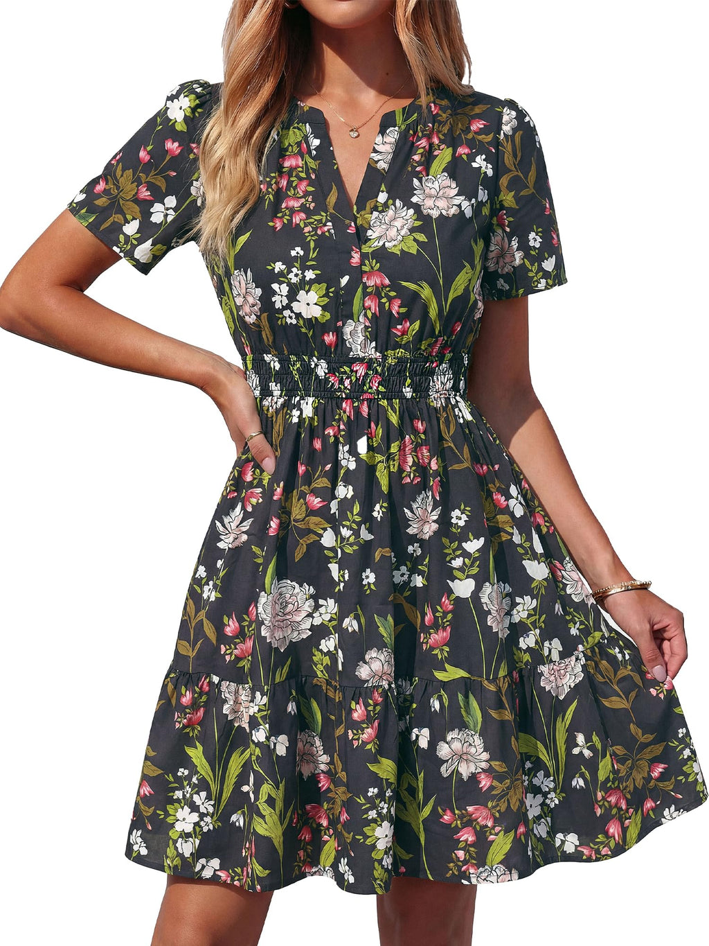 BTFBM Summer Dresses for Women Lightweight Casual Short Sleeve Floral Mini Dress A Line Beach Vacation Sundress