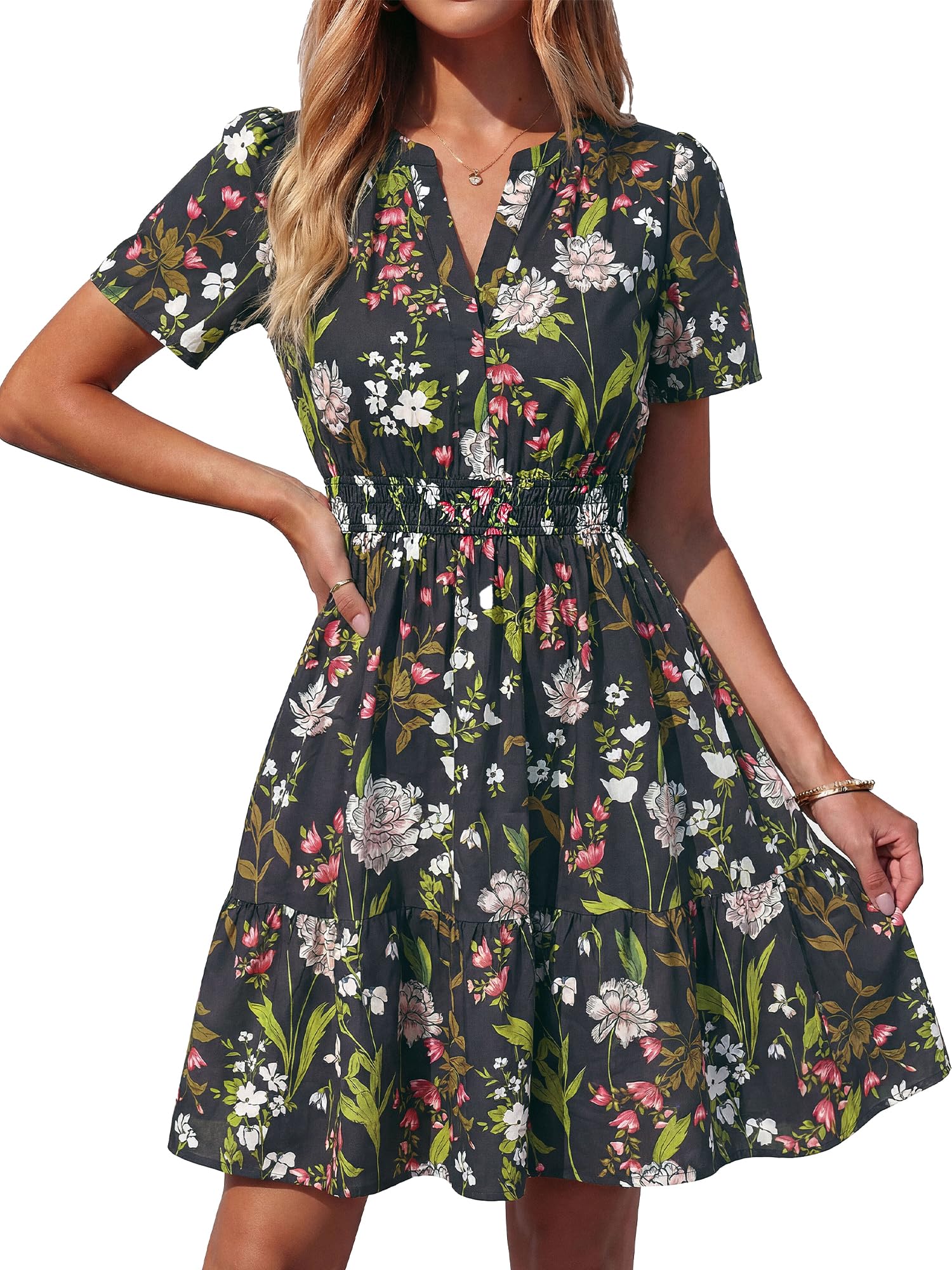 BTFBM Summer Dresses for Women Lightweight Casual Short Sleeve Floral Mini Dress A Line Beach Vacation Sundress