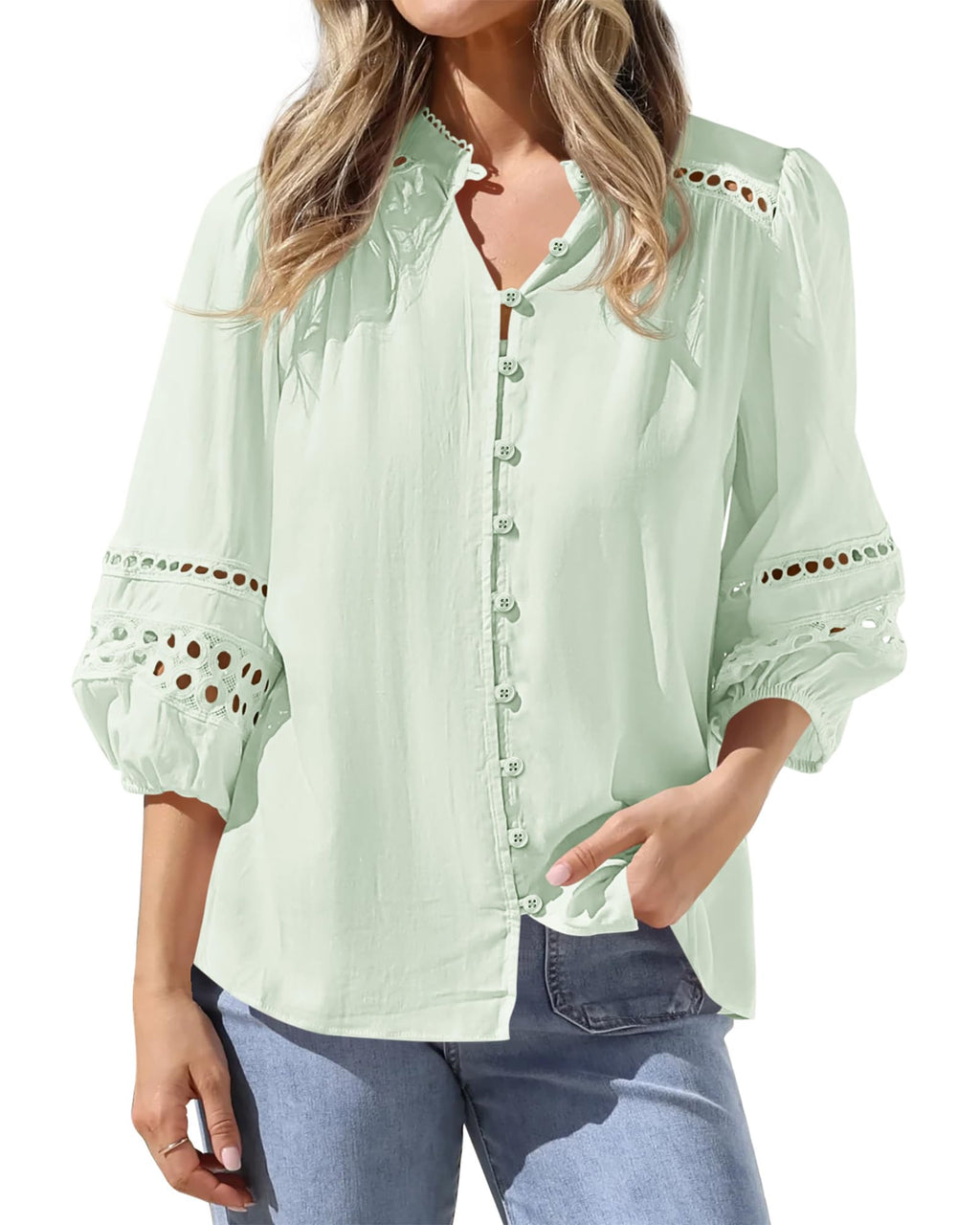 BTFBM 3/4 Length Sleeve Womens Tops Summer Blouses Eyelet Hollow Out Button Down Shirts Business Casual Outfits