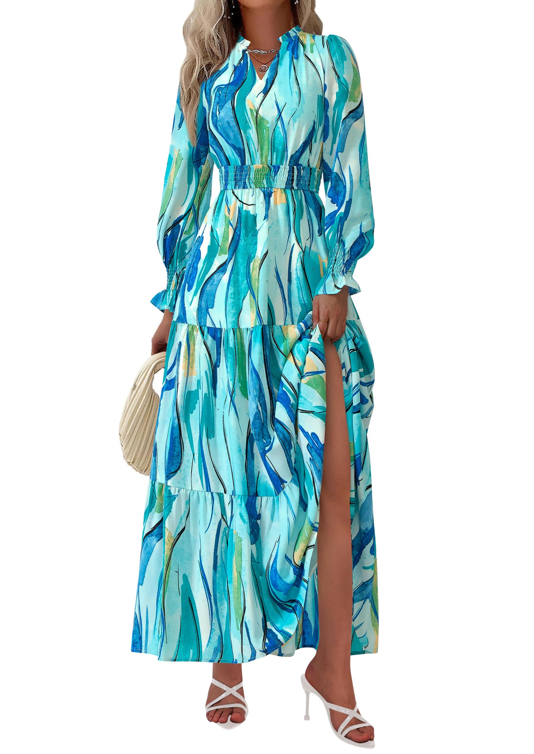 PRETTYGARDEN Women's Floral Maxi Dress Fall Long Sleeve V Neck Casual A Line Long Flowy Boho Party Dresses