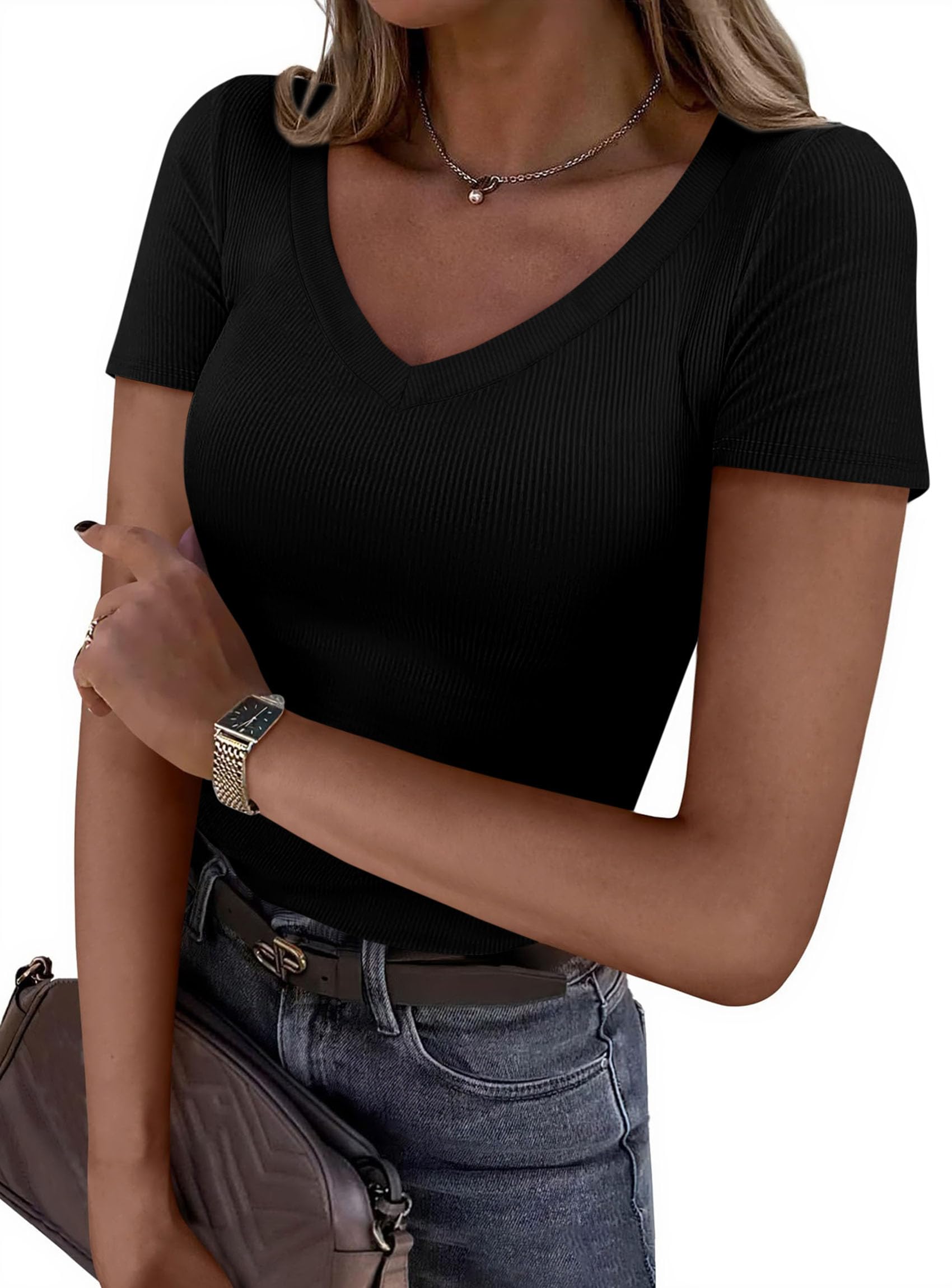 PRETTYGARDEN Women Spring Tops Trendy Ribbed Short Sleeve V Neck Fitted Basic Tee Shirts Casual Going Out Summer Outfits