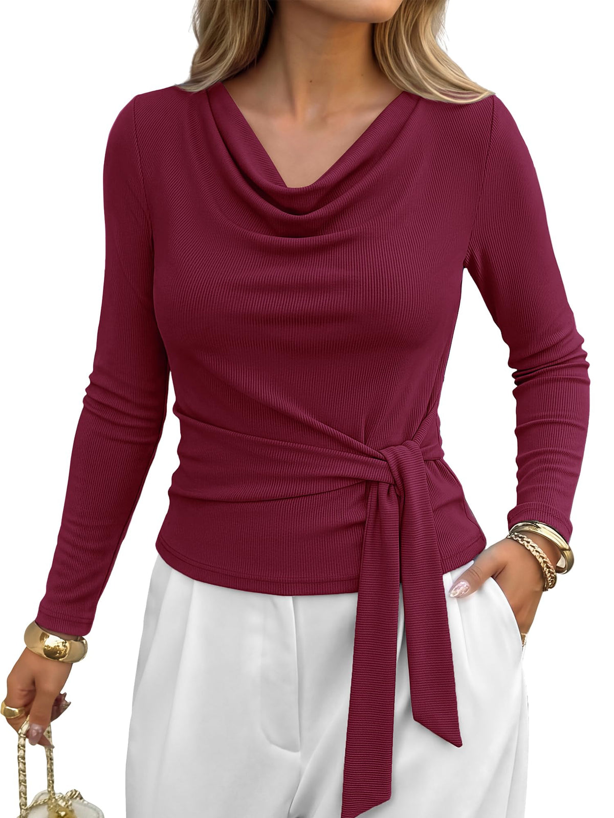 BTFBM Fall Tops for Women Tie Waist Wrap Blouses Business Casual Outfits Slim Fit Cowl Neck Long Sleeve Shirts, Elegant Dressy Blouse, Fashion Clothing, Daily Wear Going Out Office Work Clothes