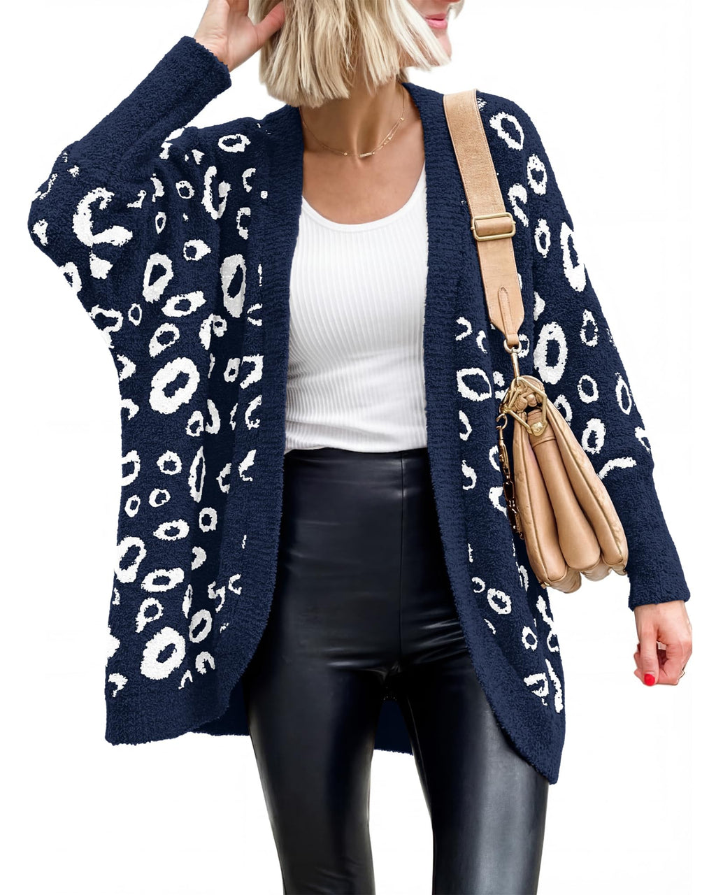 BTFBM Leopard Cardigan for Women Long Sleeve Open Front Cardigans Sweaters Pockets Loose Knit Fall Spring Outwear