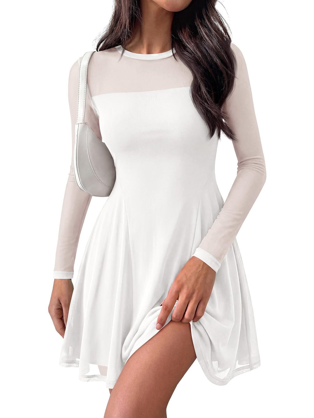 BTFBM Women’s Mini Dress Sheer Mesh Long Sleeve Crew Neck Flowy A Line Casual Cocktail Party Going Out Dresses Fall