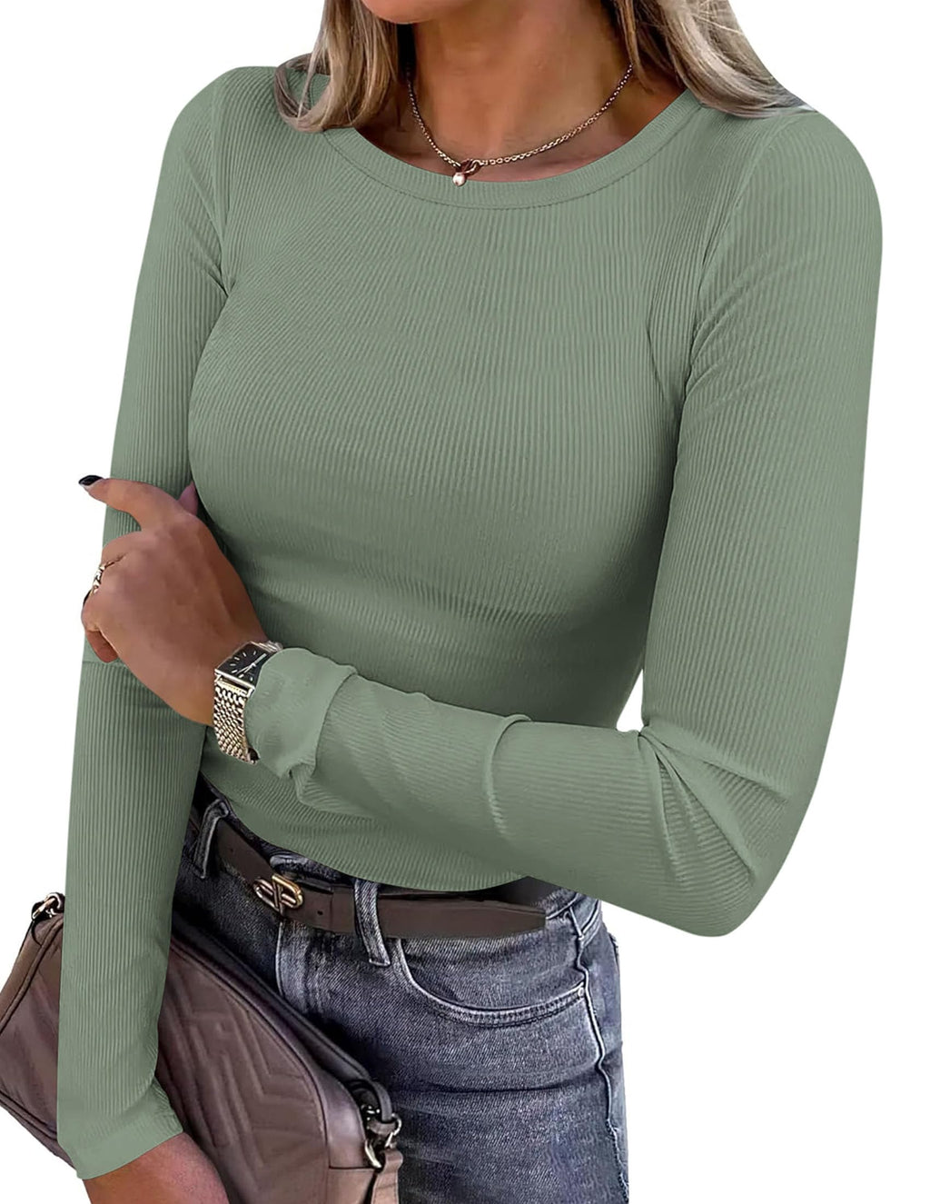 PRETTYGARDEN Women Fall Clothes Long Sleeve Shirts Ribbed Knit Fitted Basic Tee Going Out Tops Underscrub Casual Outfits