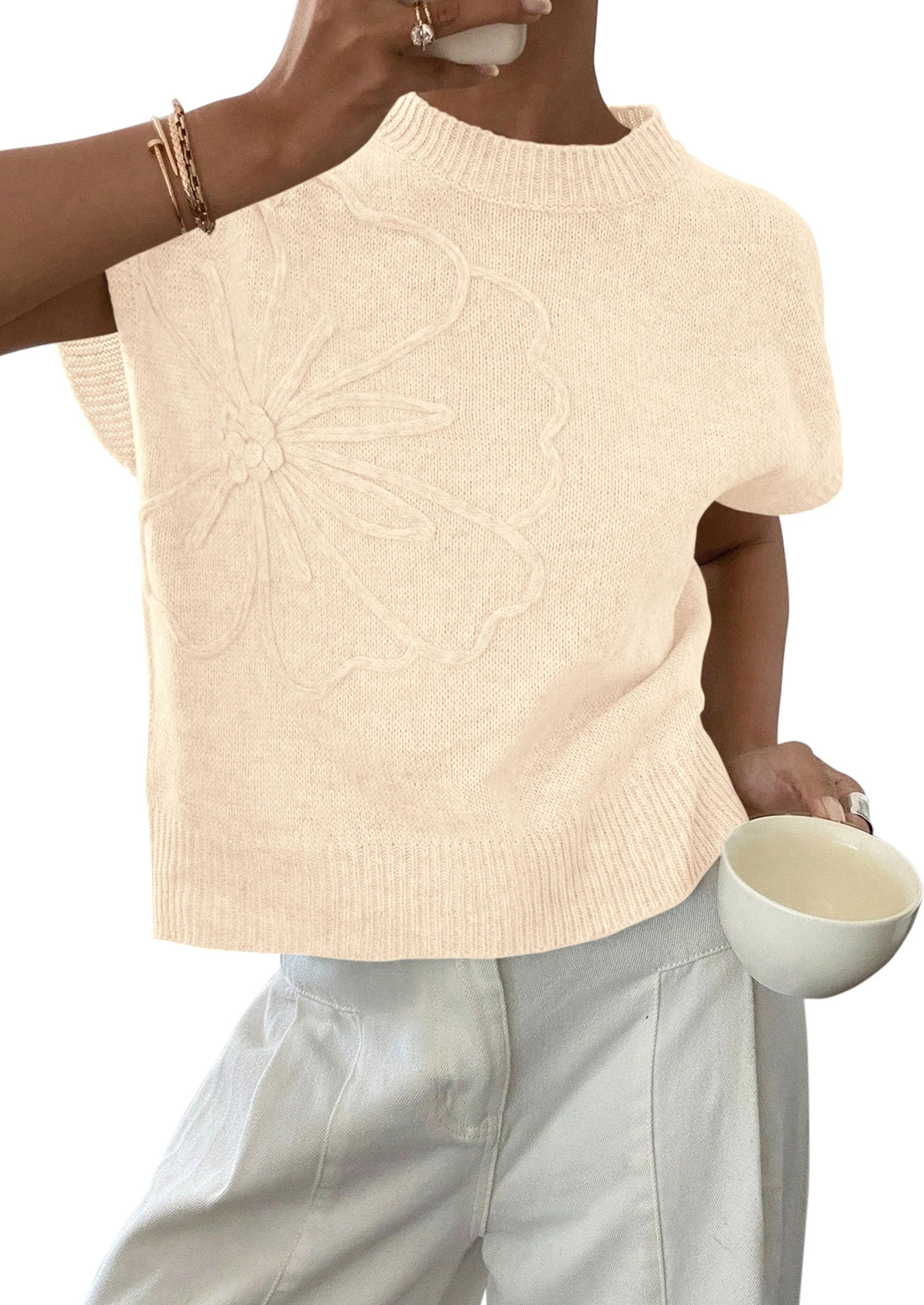 PRETTYGARDEN Women's Spring Sweater Vest Trendy Flower Knit Short Sleeve Cute Pullover Tank Tops Summer Fashion Clothing
