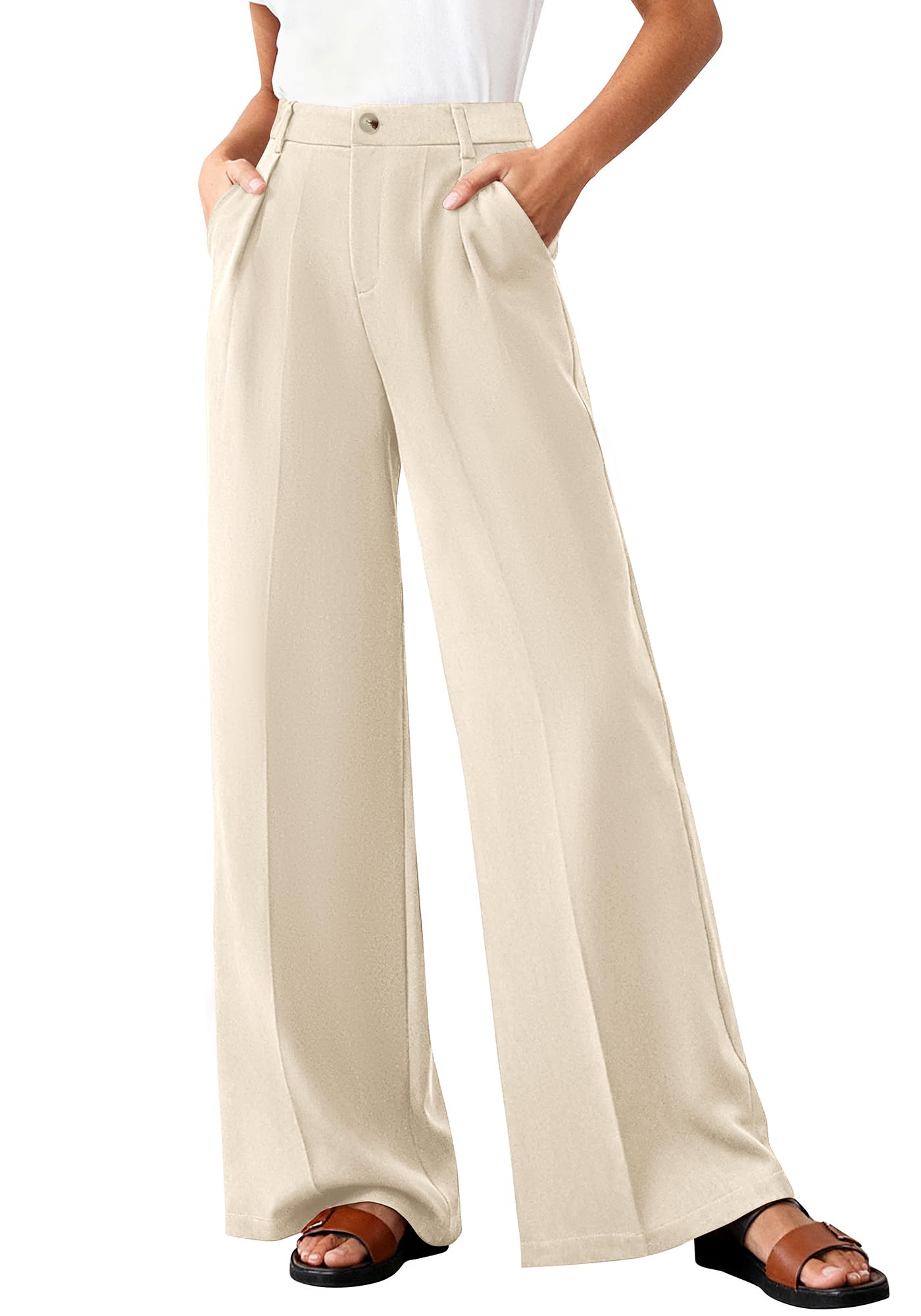 BTFBM Wide Leg Pants Woman High Waisted Button Business Casual Dressy Trousers Office Work Palazzo Pants Pockets