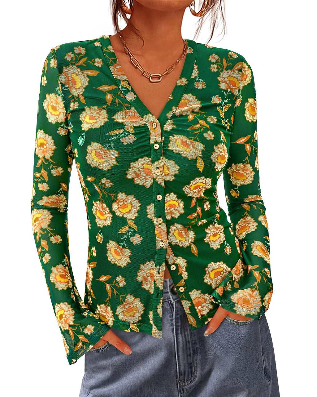 BTFBM Button Down Shirts for Women Spring Boho Tops V Neck Long Sleeve Blouses Ruched Mesh Fitted Fall Fashion