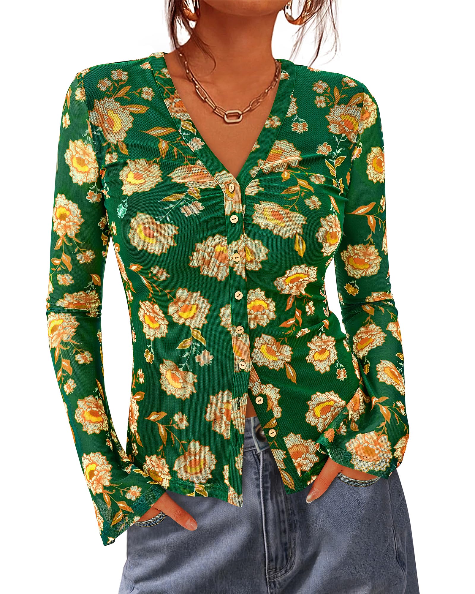 BTFBM Button Down Shirts for Women Spring Boho Tops V Neck Long Sleeve Blouses Ruched Mesh Fitted Fall Fashion