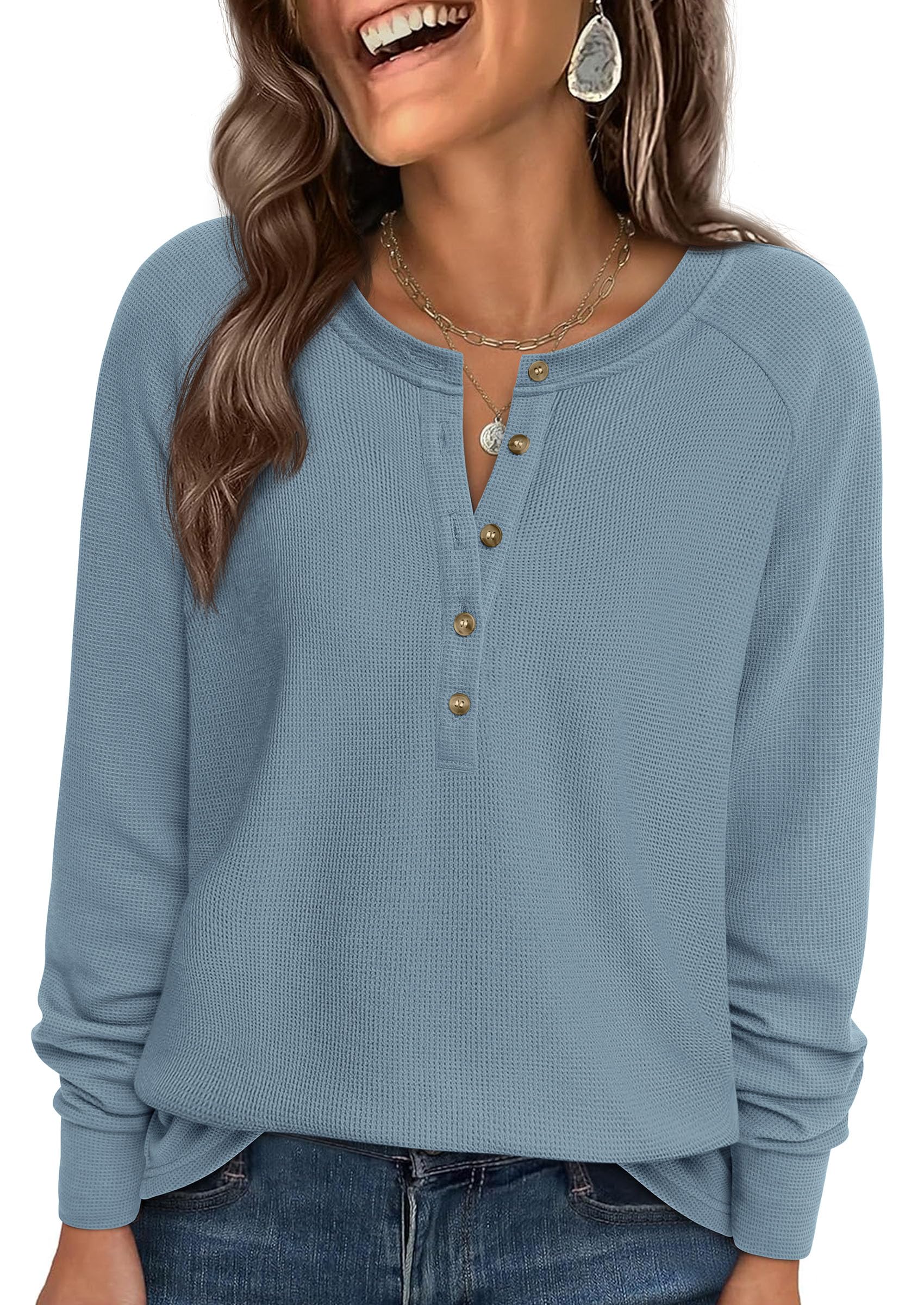 PRETTYGARDEN Women's Long Sleeve Waffle Knit Shirts Fall Casual Button Up Henley V Neck Tunic Tops Loose Fit Basic Tees