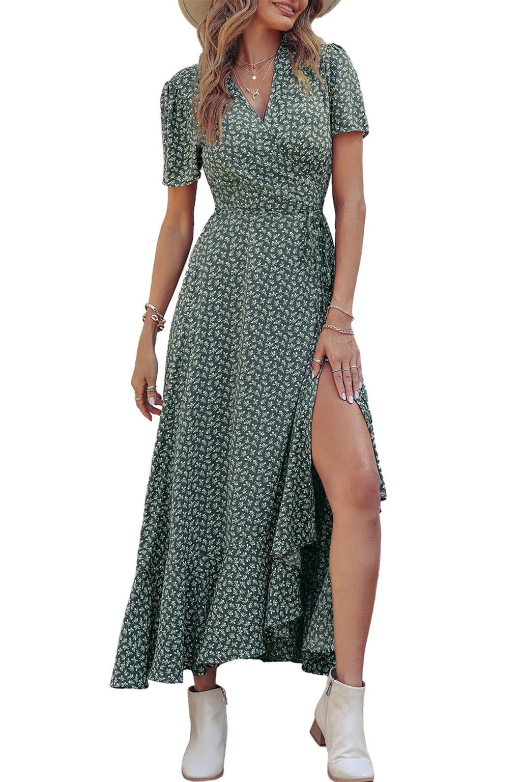 PRETTYGARDEN Women's Summer Maxi Dress Casual Wrap Floral Boho Short Sleeve V Neck Split Ruffle Beach Long Dresses