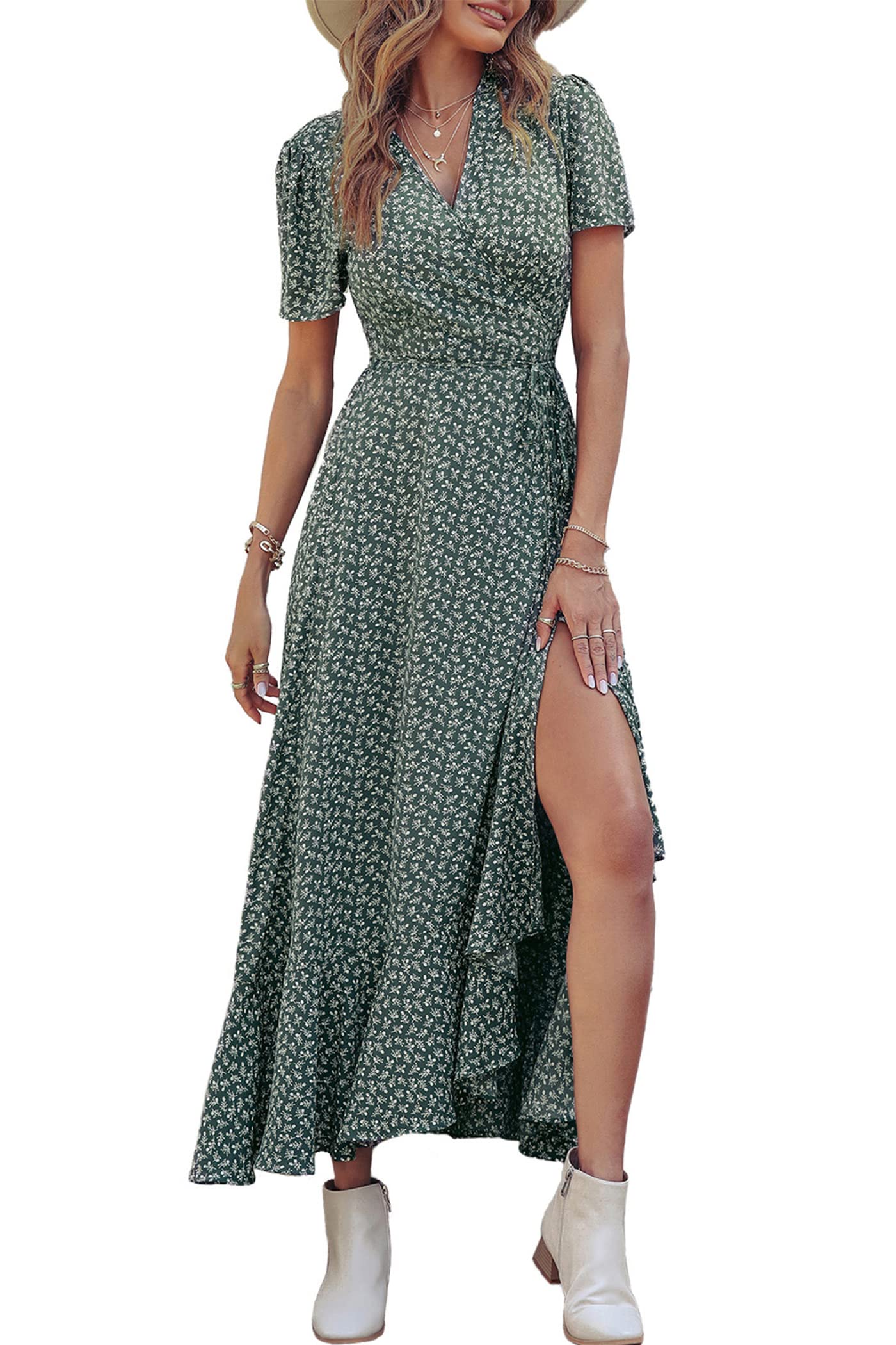 PRETTYGARDEN Women's Summer Maxi Dress Casual Wrap Floral Boho Short Sleeve V Neck Split Ruffle Beach Long Dresses