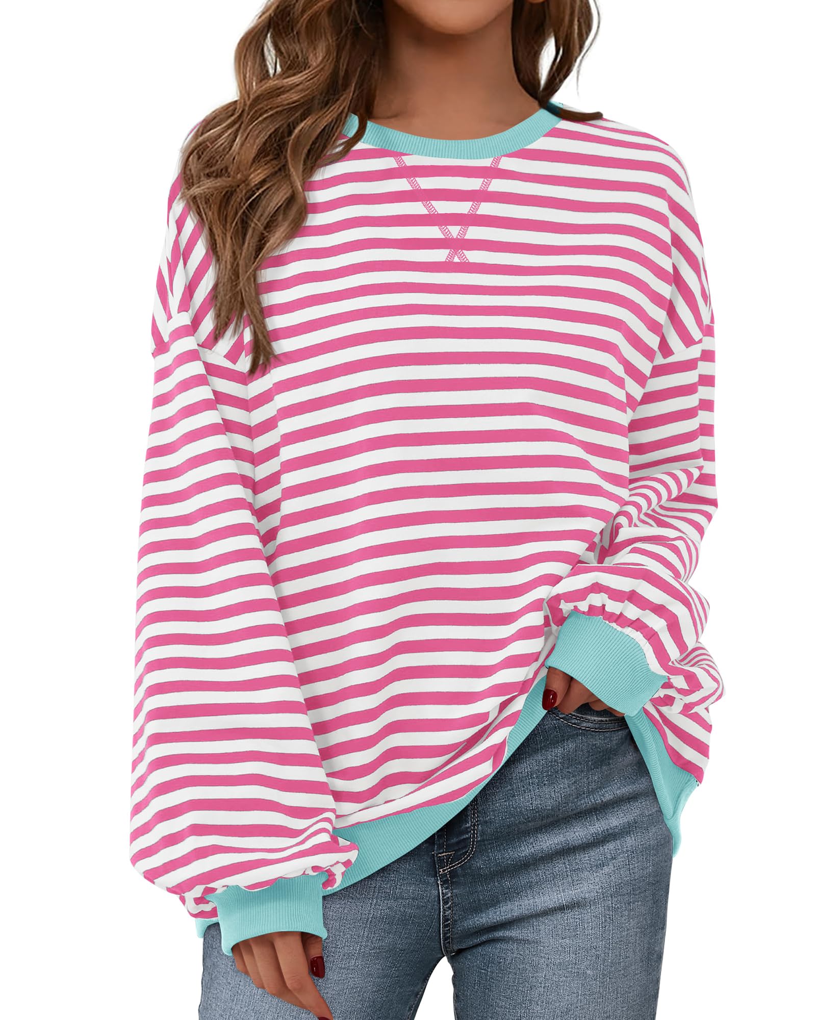 BTFBM Sweatshirt For Women Summer Crewneck Long Sleeve Oversized Striped Pullover Tops Y2K Clothes Workout Shirt
