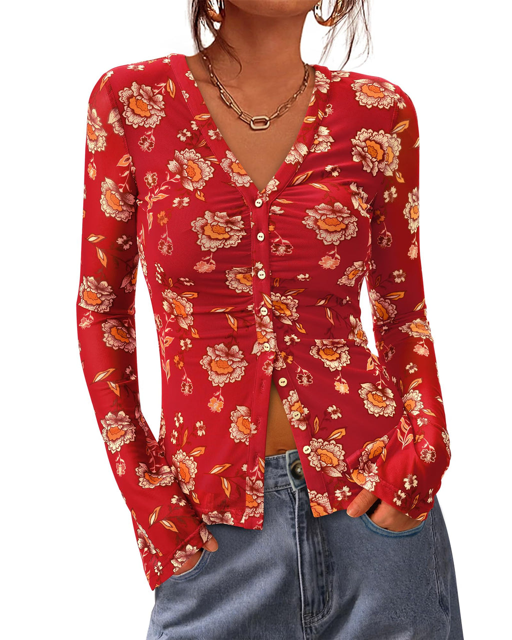 BTFBM Button Down Shirts for Women Spring Boho Tops V Neck Long Sleeve Blouses Ruched Mesh Fitted Fall Fashion