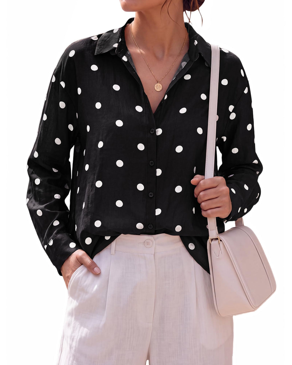 BTFBM Womens Blouses Dressy Casual Floral Long Sleeve Shirts Polka Dot Tops Classic Lapel Collar,Button Cuffs,V Neck Button Down Shirt,Business Casual Outfits,Early Fall Fashion Clothing Trendy