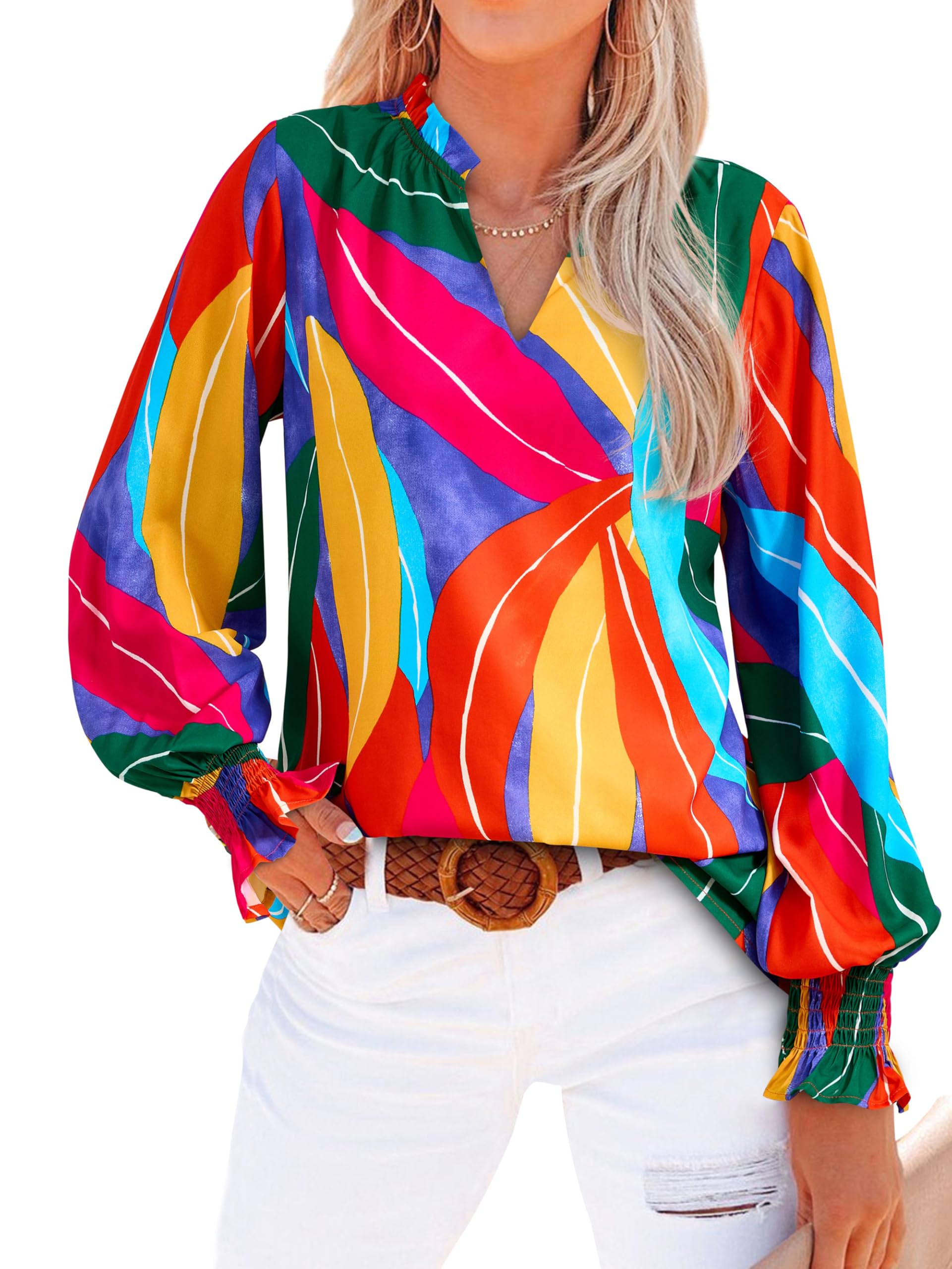 FreshPretty Womens V Neck Floral Long Sleeve Tops Summer Casual Loose Puff Sleeve Chiffon Boho Work Blouse Dressy T Shirts