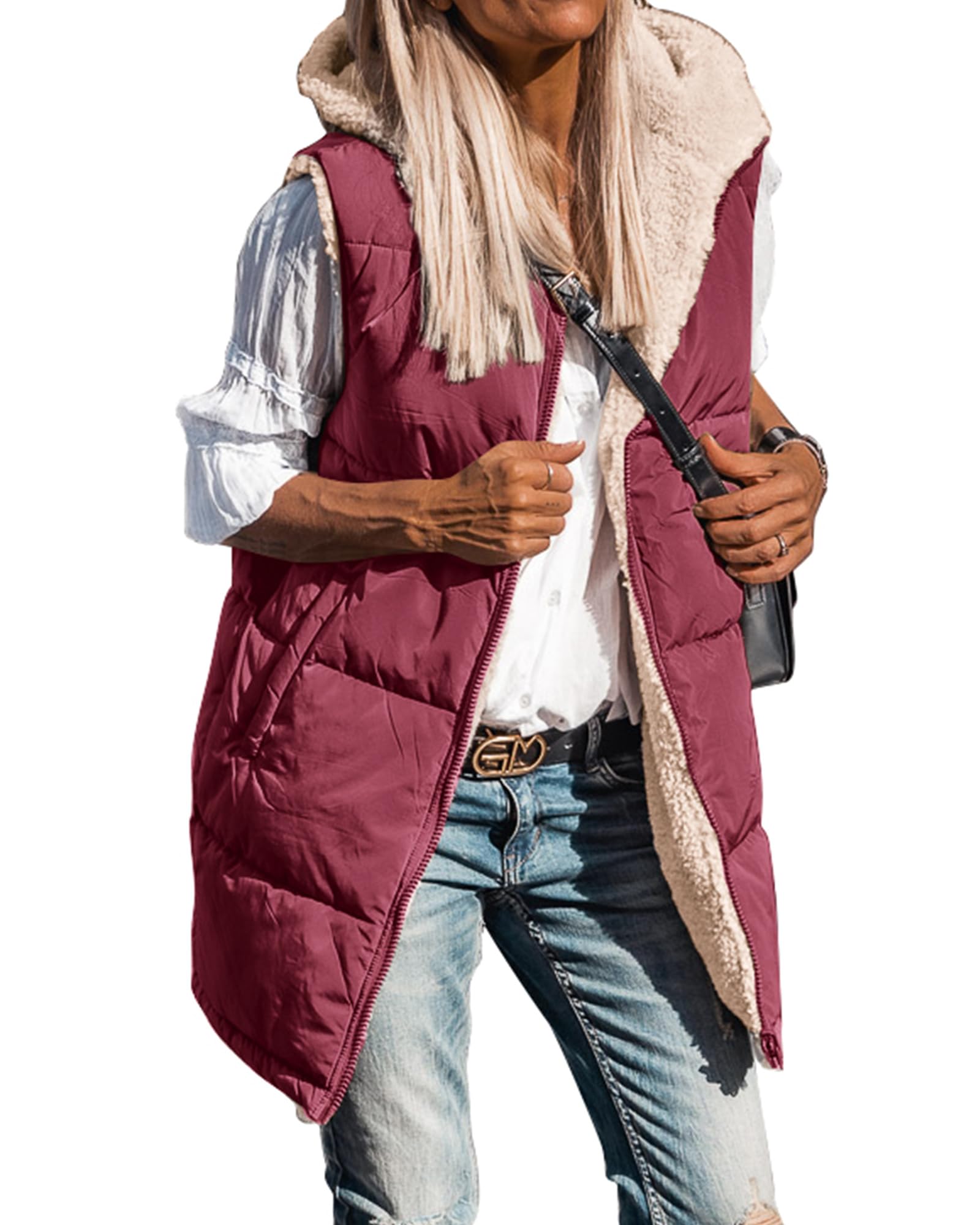 BTFBM Long Puffer Vest Women Fleece Sherpa Jacket Sleeveless Hooded Reversible Zip Up Winter Coat Fall Vests Outerwear