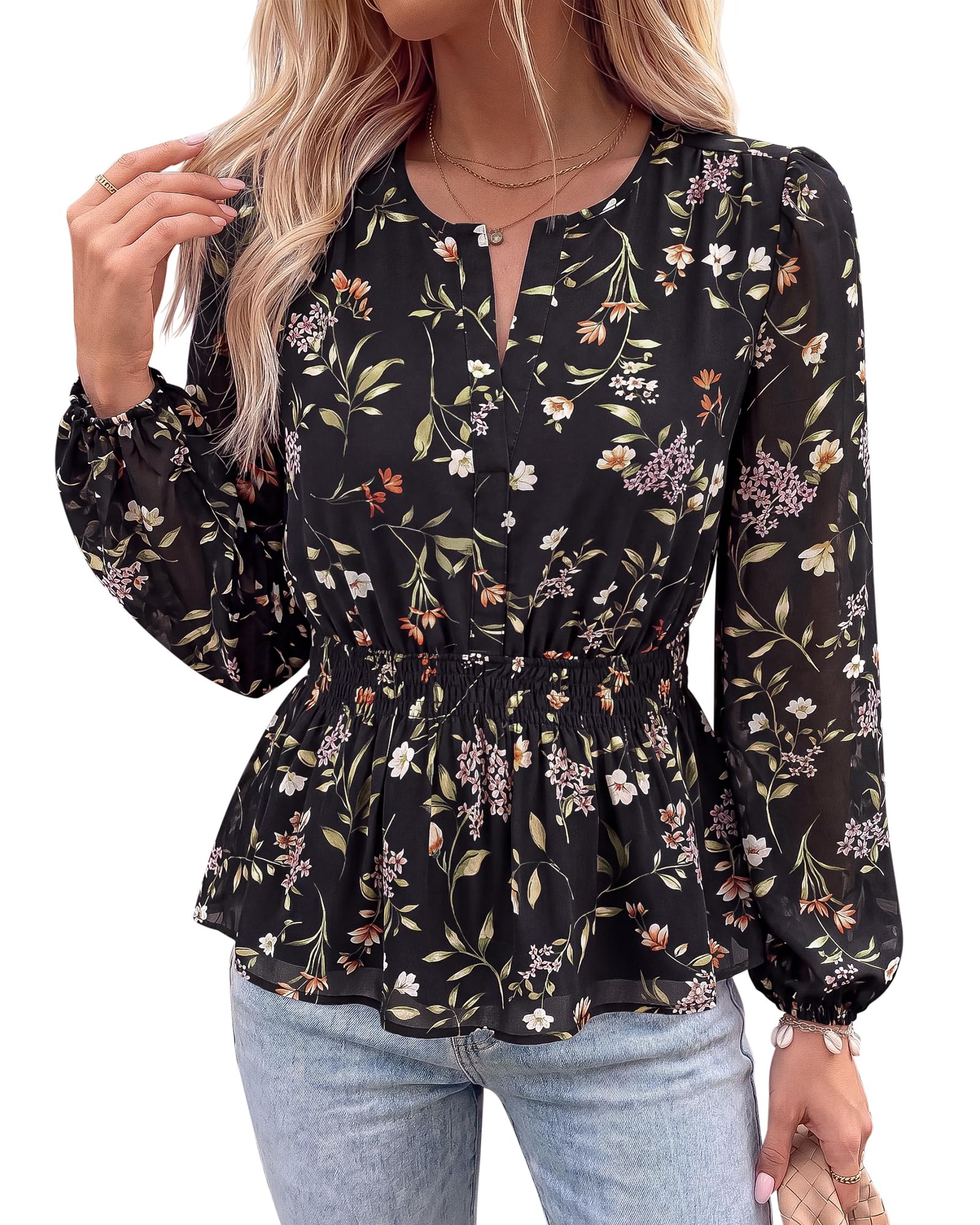 BTFBM Womens Tops Dressy Casual Floral V Neck Long Sleeve Chiffon Shirts | Chiffon Lantern Sleeve Flowy Peplum Sheer Top,Elastic Waist Babydoll Blouses,Boho Vacation Outfits,Fall Fashion Clothing