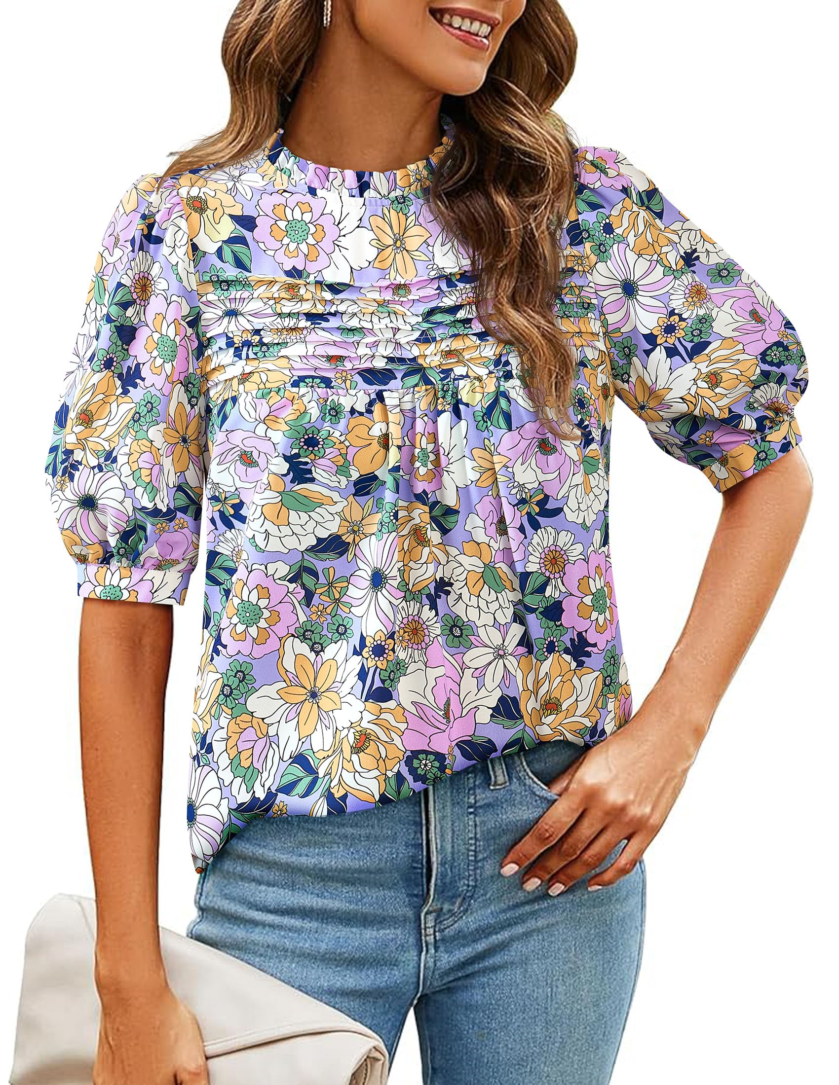 PRETTYGARDEN Floral Tops for Women Blouses Dressy Casual Summer Trendy Outfits Boho Pleated Short Sleeve Shirts