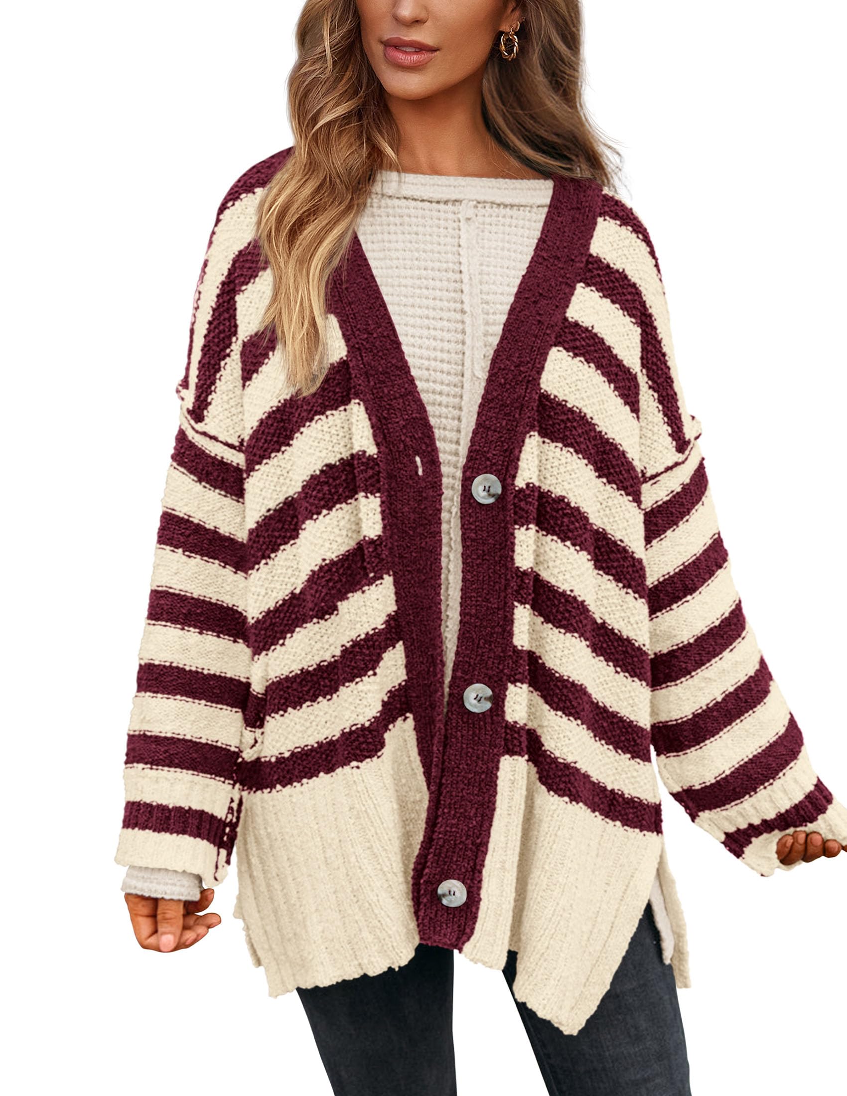 PRETTYGARDEN Women's Winter Striped Cardigan Sweaters Long Sleeve Button Down Open Front Chunky Knit Oversized Sweater Coat