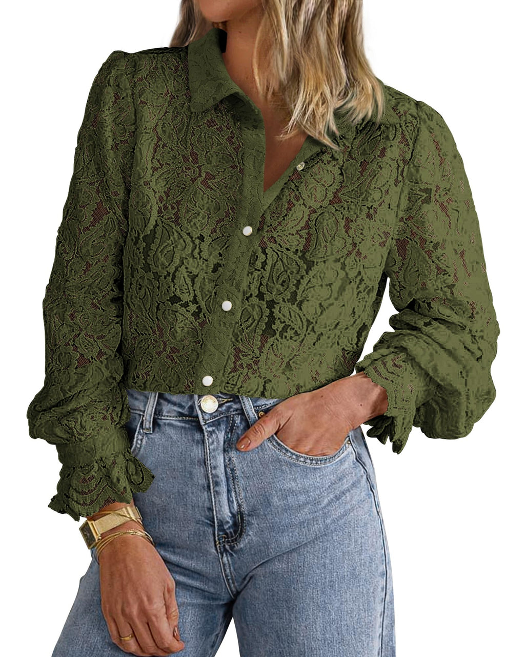 FreshPretty Long Sleeve Lace Blouses for Women Spring Dressy Casual Button Down Shirts Date Night Outfit Club Party Tops