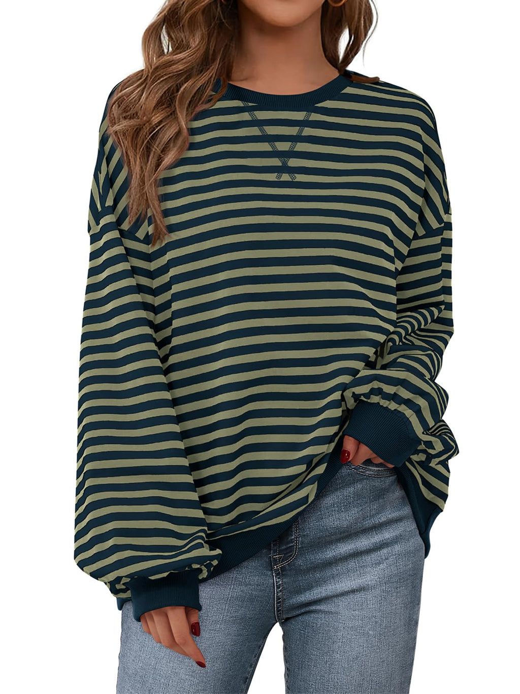 PRETTYGARDEN Womens Striped Oversized Sweatshirt Color Block Crew Neck Long Sleeve Casual Loose Pullover Top Y2K Clothes