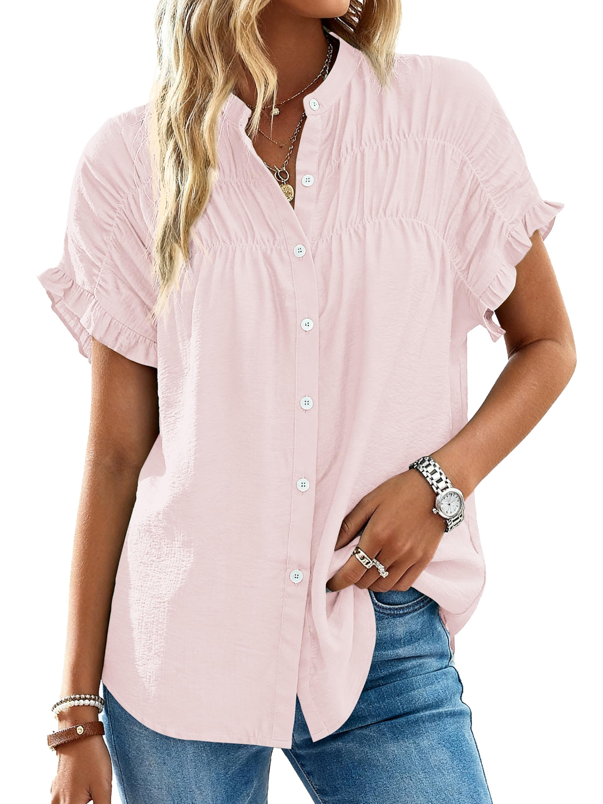 FreshPretty Womens Button Down Shirts Ruffle Short Sleeve Loose Summer Tops Dressy Casual V Neck Business Work Blouses