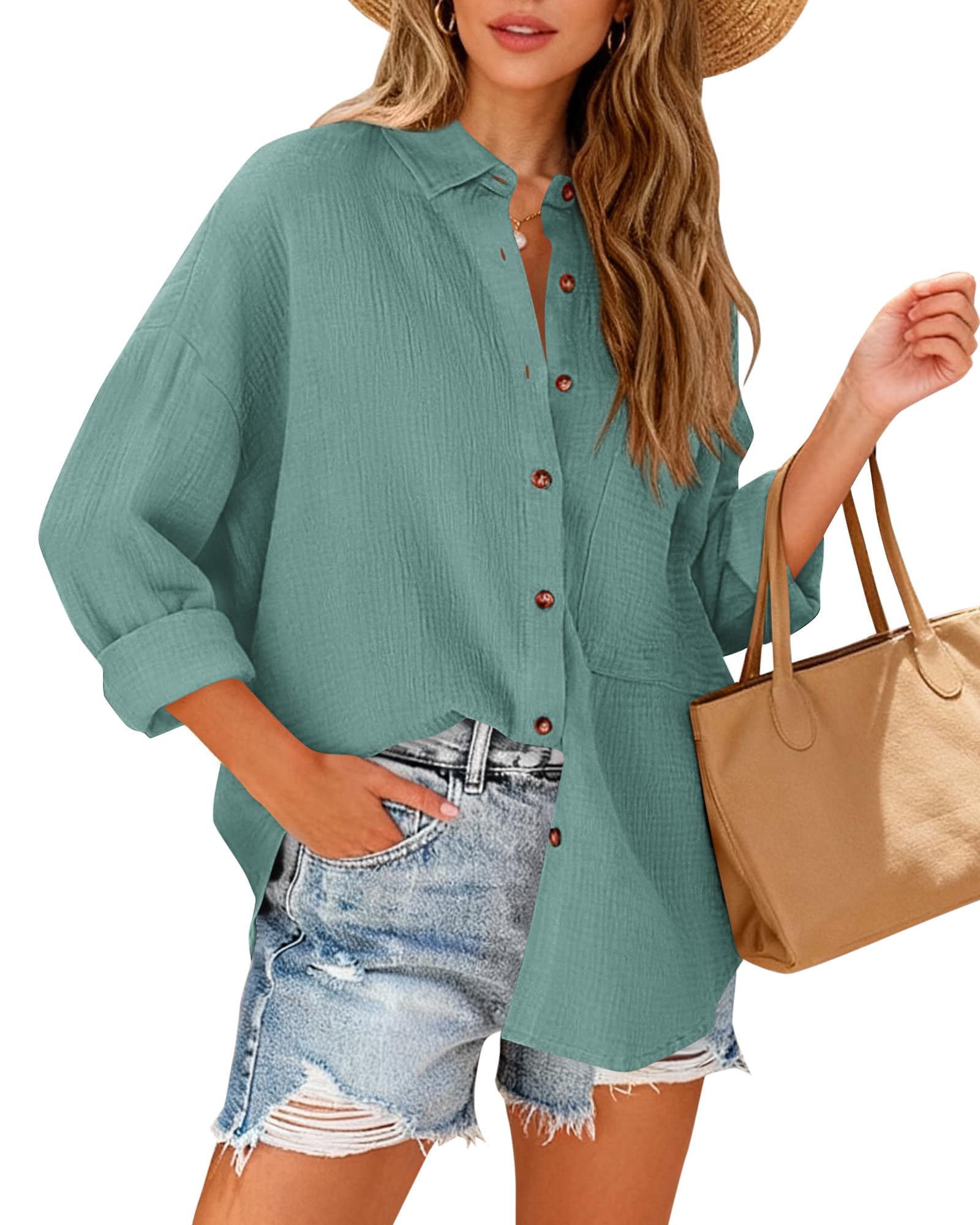FreshPretty Casual Shirts for Women Long Sleeve Button Down Blouses Fall Solid Color Trendy Tops with Pocket