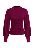 FreshPretty Blouses for Women Dressy Casual Spring Tops Fall Puff Long Sleeve Shirts Fitted Mock Neck Ruched Trendy Tops