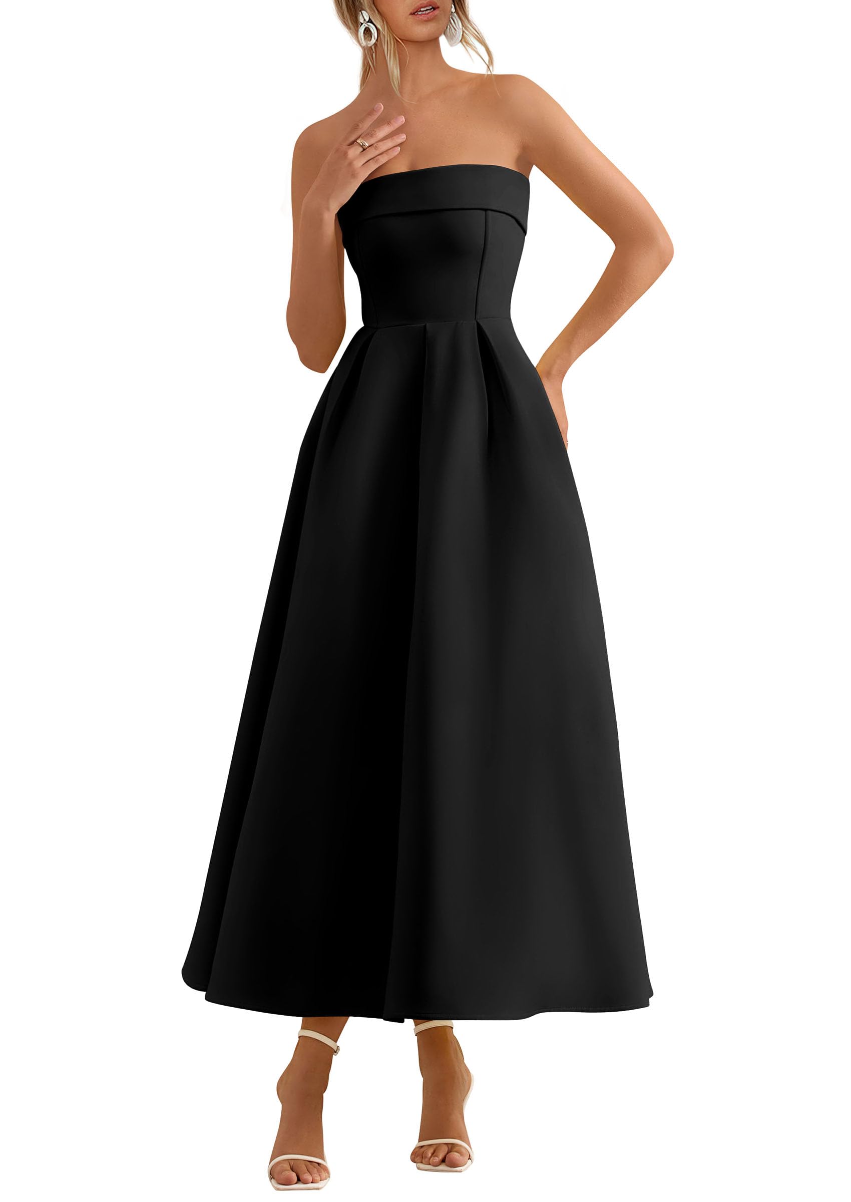 PRETTYGARDEN Cocktail Dresses for Women Summer Formal Elegant Tube Top Strapless Spring Wedding Guest Party Midi Dress