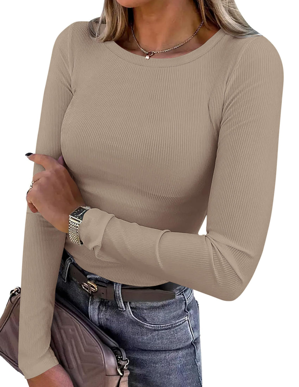 PRETTYGARDEN Women Fall Clothes Long Sleeve Shirts Ribbed Knit Fitted Basic Tee Going Out Tops Underscrub Casual Outfits