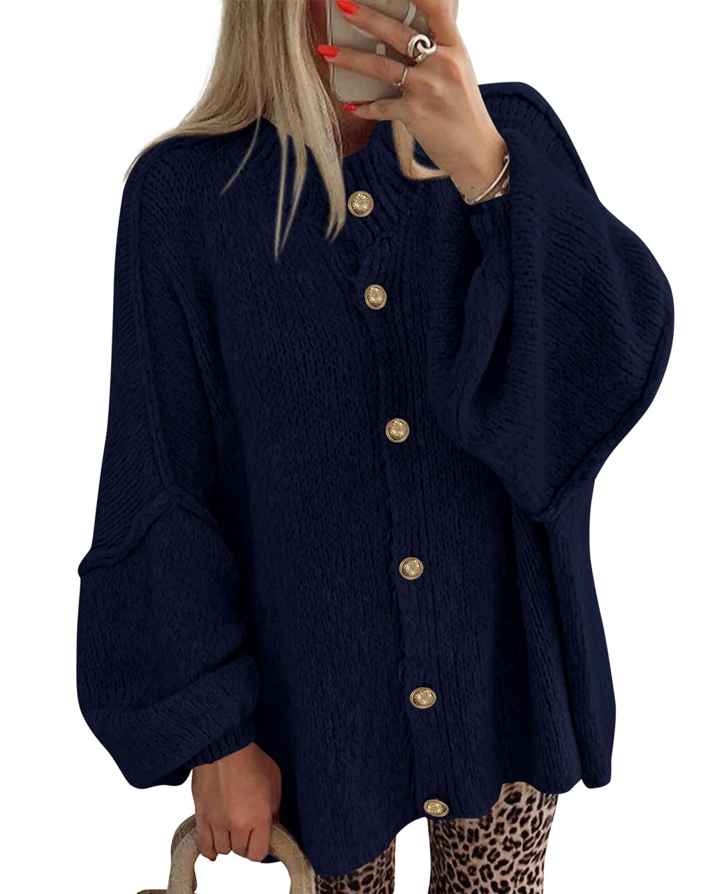 BTFBM Cardigan Sweaters for Women Fall Clothes Lantern Long Sleeve Button Open Front Chunky Knit Oversized Sweater
