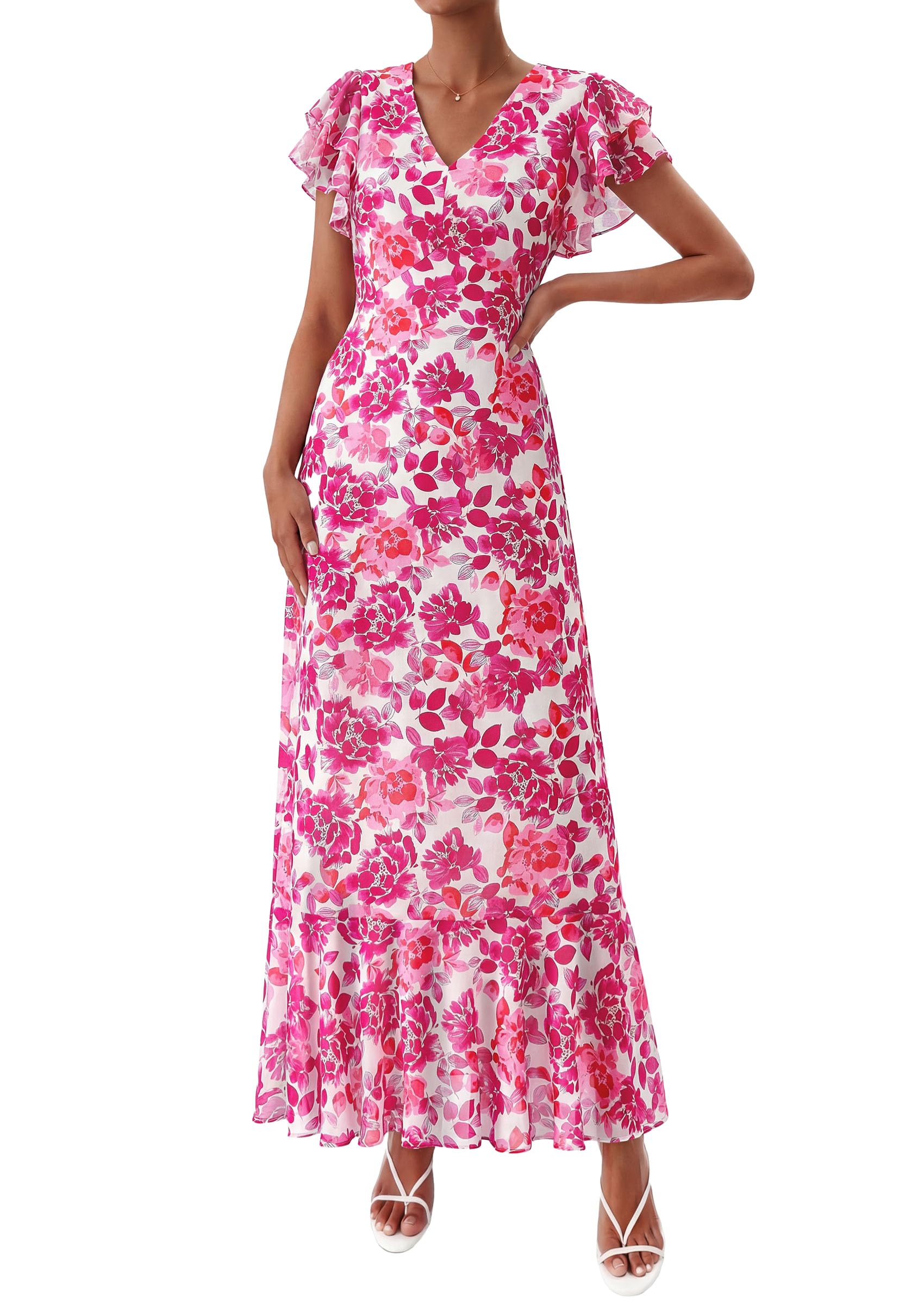 PRETTYGARDEN Womens Summer Floral Maxi Dresses Spring Short Sleeve Ruffle V Neck Flowy Boho Long Beach Vacation Sundress