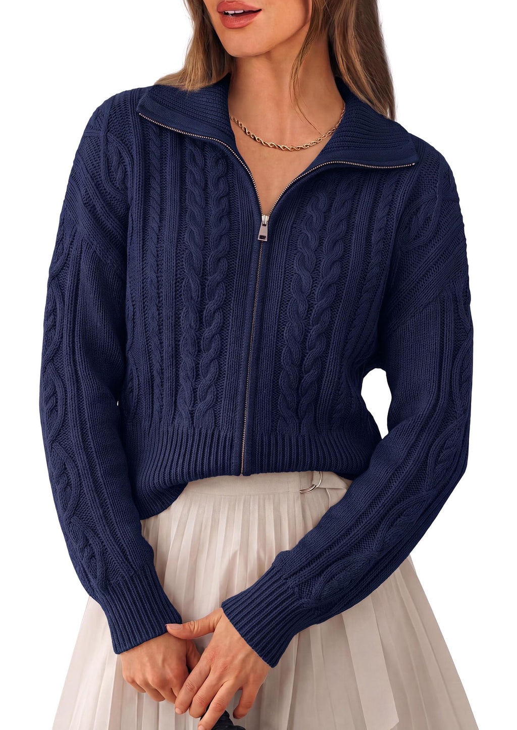 PRETTYGARDEN Women's Cable Knit Cropped Cardigan Sweaters Oversized Sweater, Long Sleeve Zip Up Jacket, Collared Neck, Ribbed Hem, Cozy Soft Casual Wear, Fall Clothes Winter Outerwear