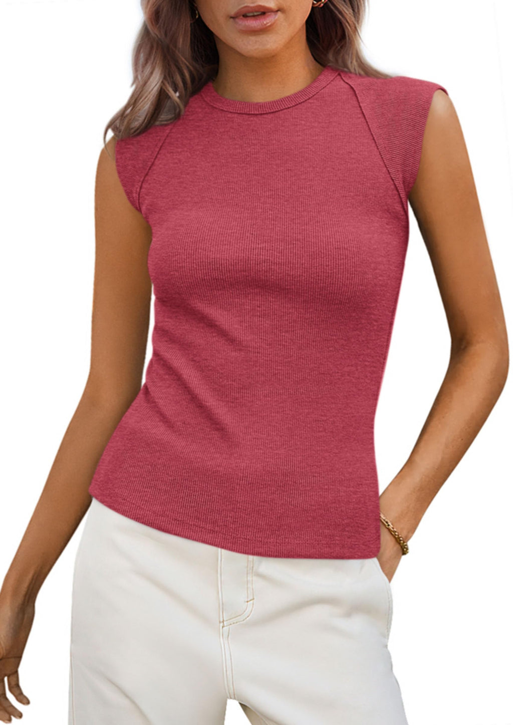 PRETTYGARDEN Women's Ribbed Tank Tops Summer Cap Sleeve Slim Fitted Knit Basic Casual Tee Shirts Trendy Fashion Clothes