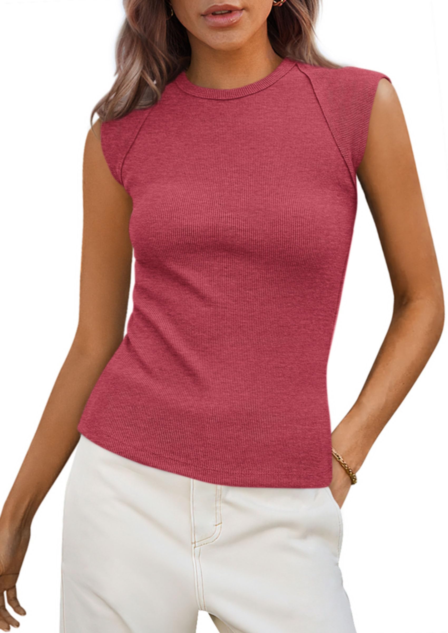 PRETTYGARDEN Women's Ribbed Tank Tops Summer Cap Sleeve Slim Fitted Knit Basic Casual Tee Shirts Trendy Fashion Clothes