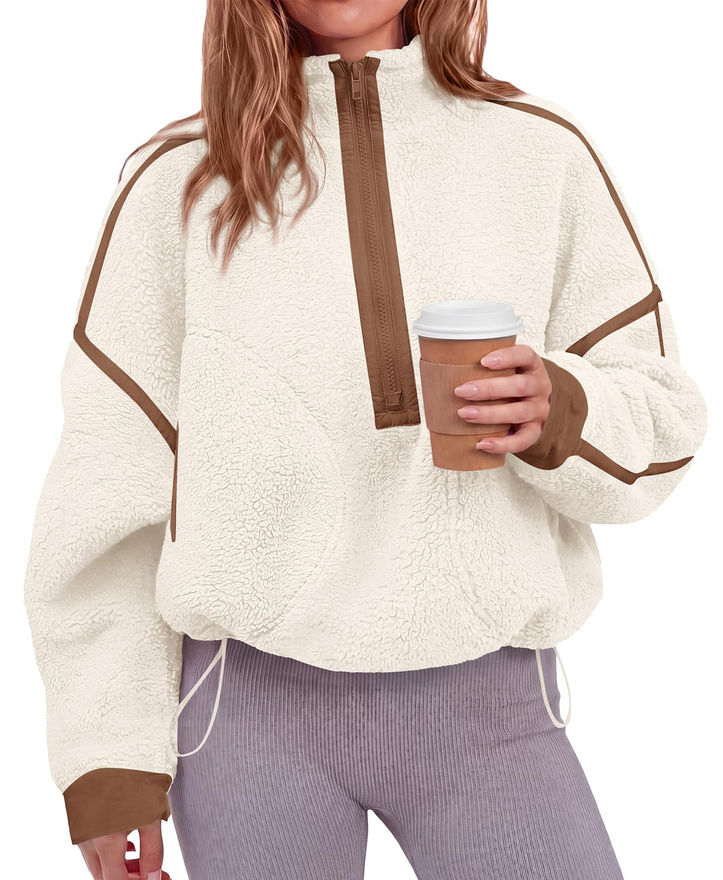 FreshPretty Womens Half Zip Fleece Pullover Sherpa Sweatshirts,Quarter Zip Cropped Jackets With Drawstring,Loose Fit Sweater Tops,Color Block Winter Coats,Trendy Fall Clothes