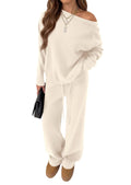 PRETTYGARDEN Lounge Sets Womens Sweaters Two Piece Outfits Cozy Boat Neck Long Sleeve Tops, Wide Leg Pants with Drawstring, Casual Fall Fashion Airport & Travel, Knit Matching Set