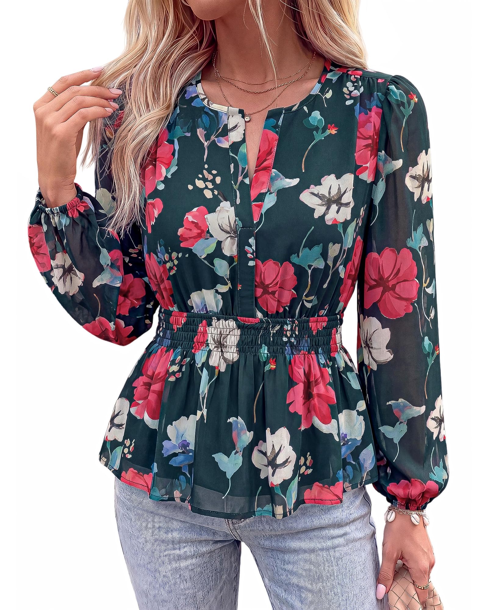 BTFBM Womens Tops Dressy Casual Floral V Neck Long Sleeve Chiffon Shirts | Chiffon Lantern Sleeve Flowy Peplum Sheer Top,Elastic Waist Babydoll Blouses,Boho Vacation Outfits,Fall Fashion Clothing